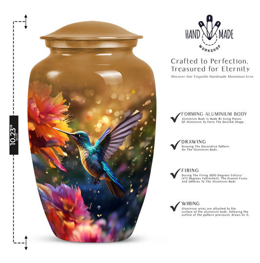 Aluminium Memorial urn adorned with humming birds design, suitable for adult human ashes