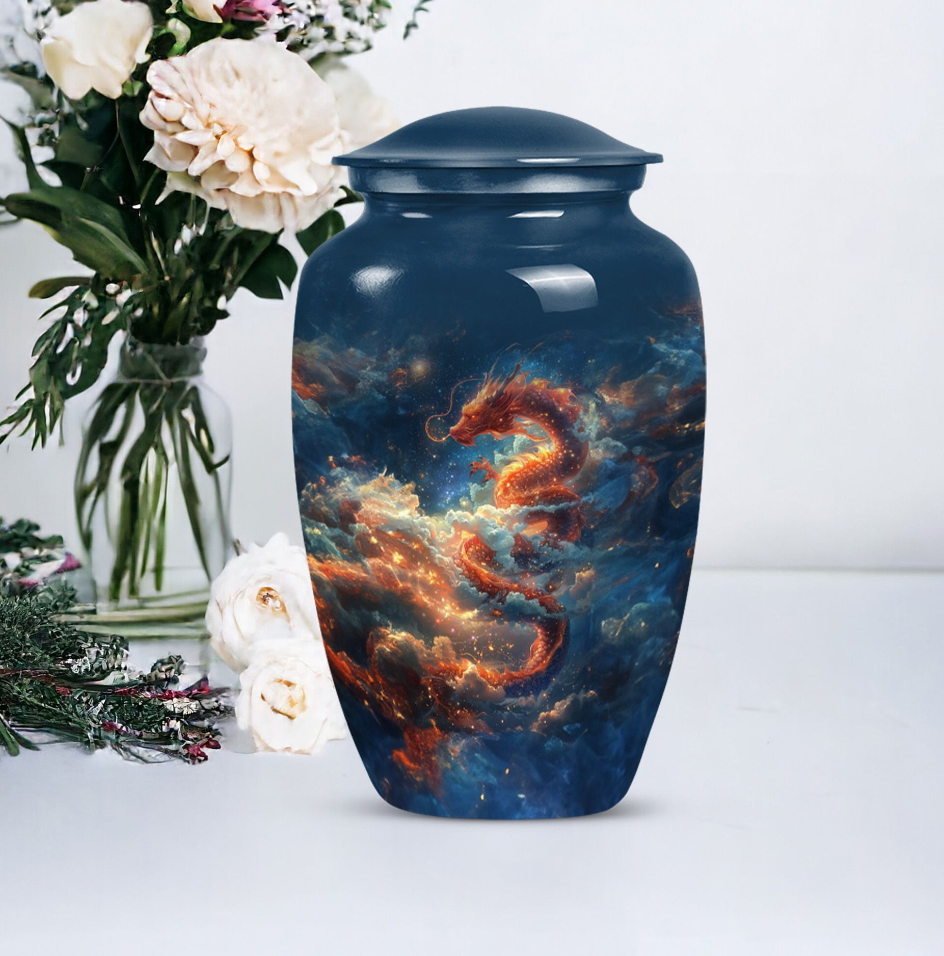 Elegant abstract-design 10-inch dragon urn.