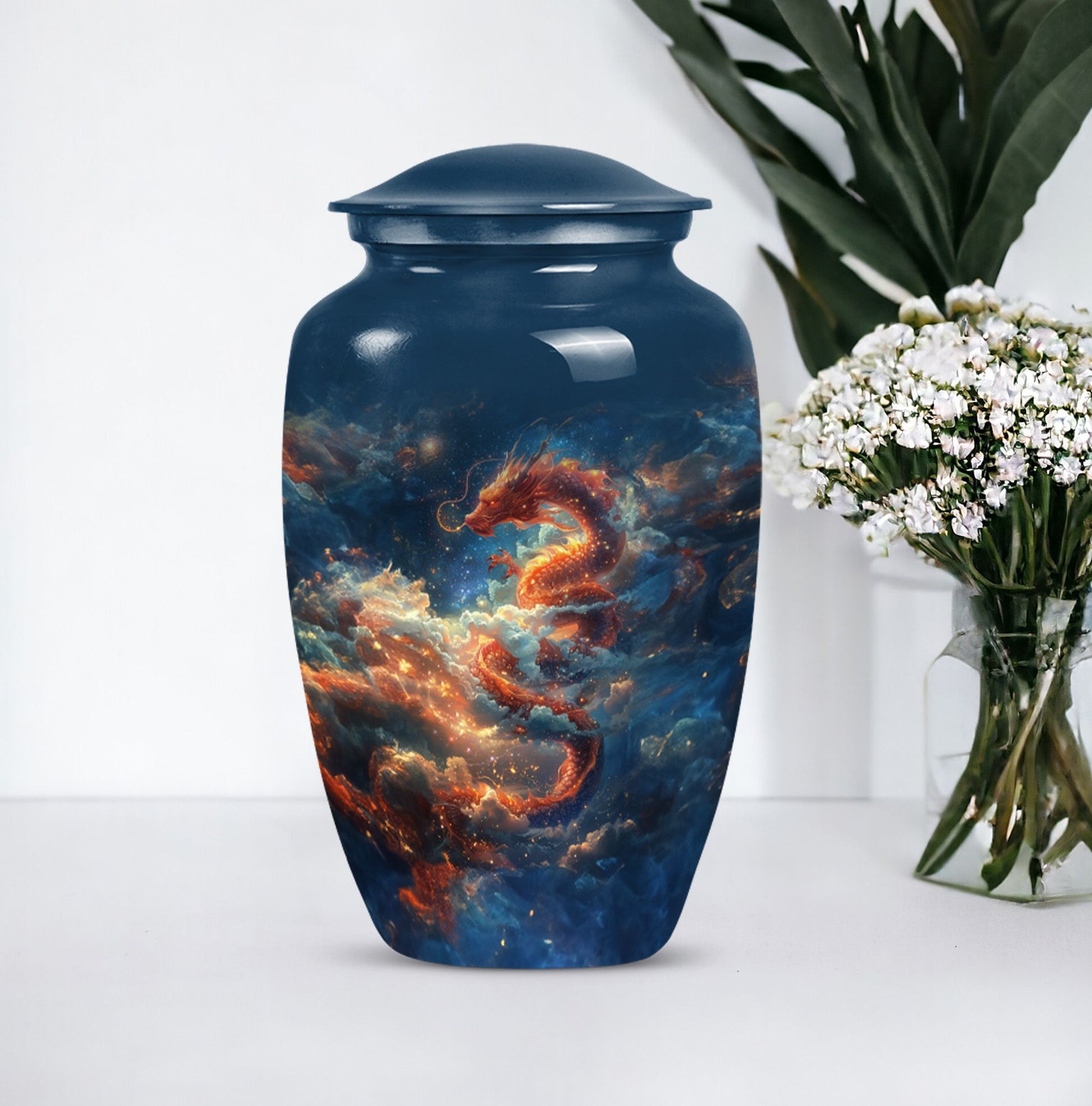 Elegant abstract-design 10-inch dragon urn.