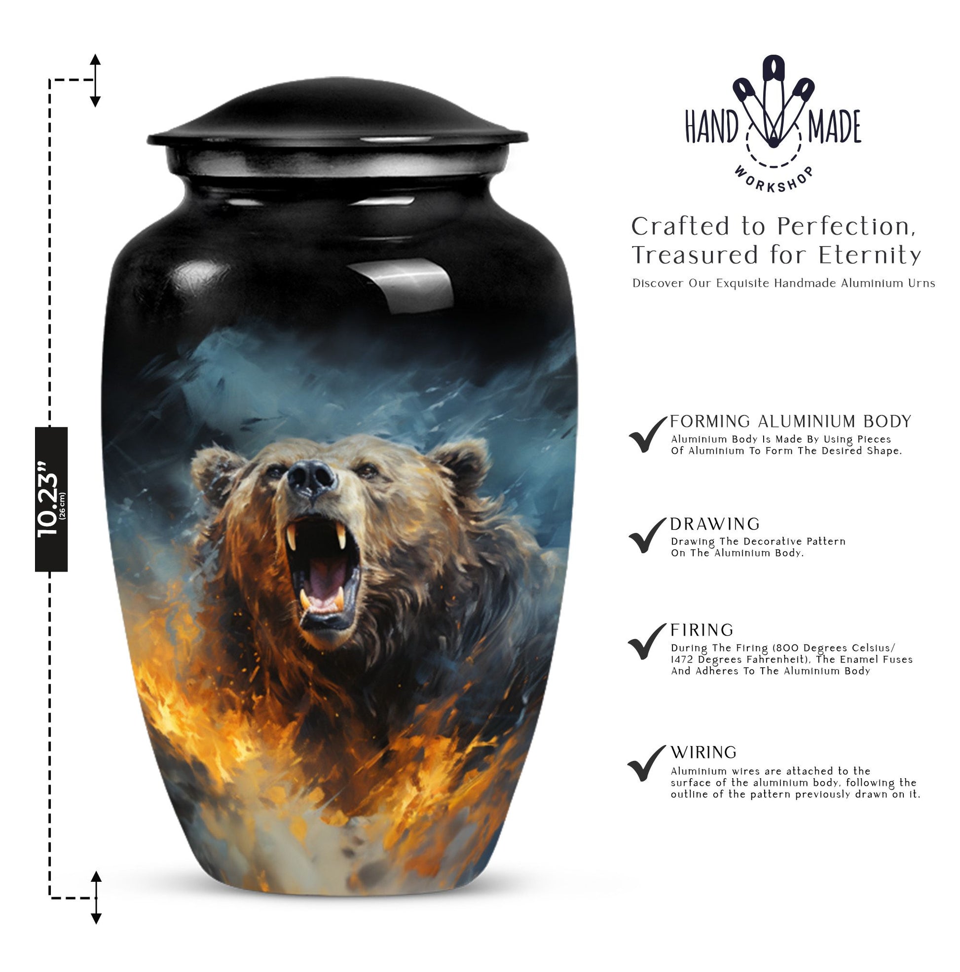 10-inch Grizzly bear Urn, classic aluminium cremation urn