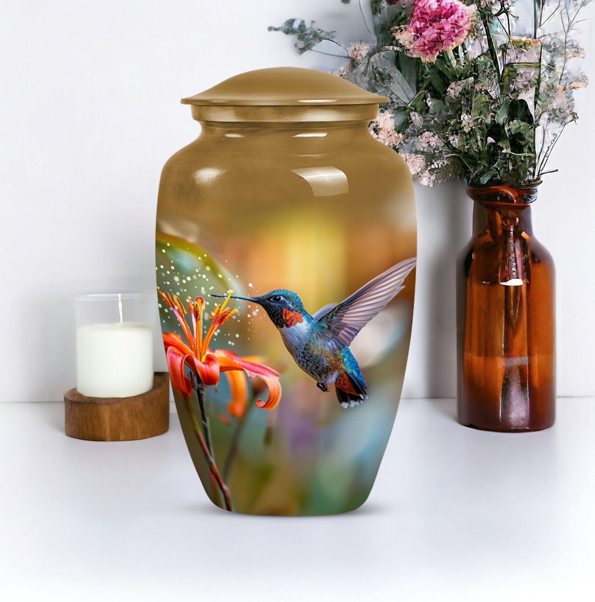 Humming bird design urn.