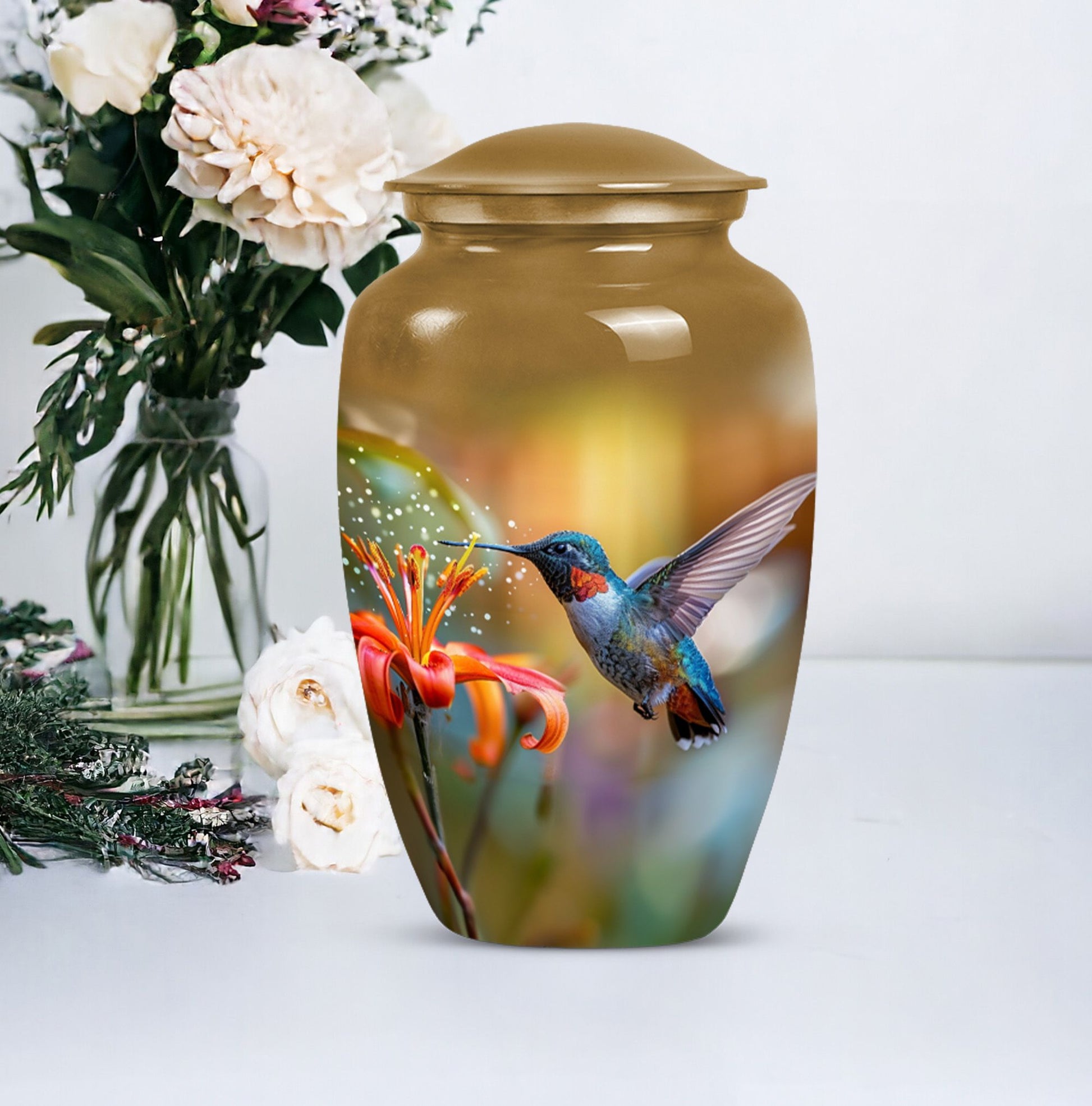 Humming bird design urn.