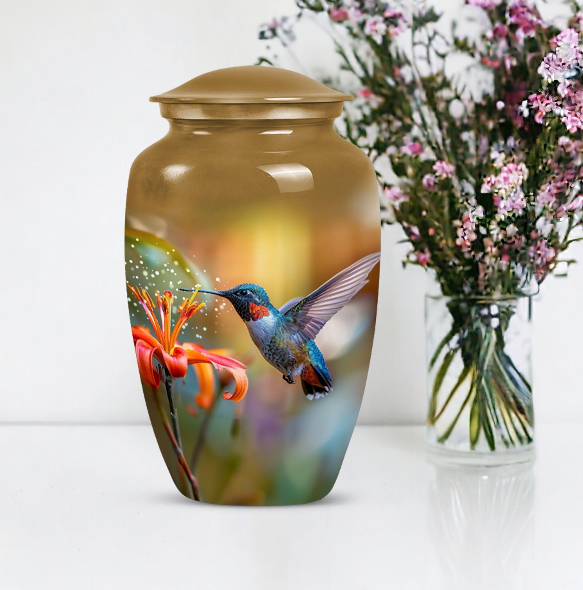 Humming bird design urn.