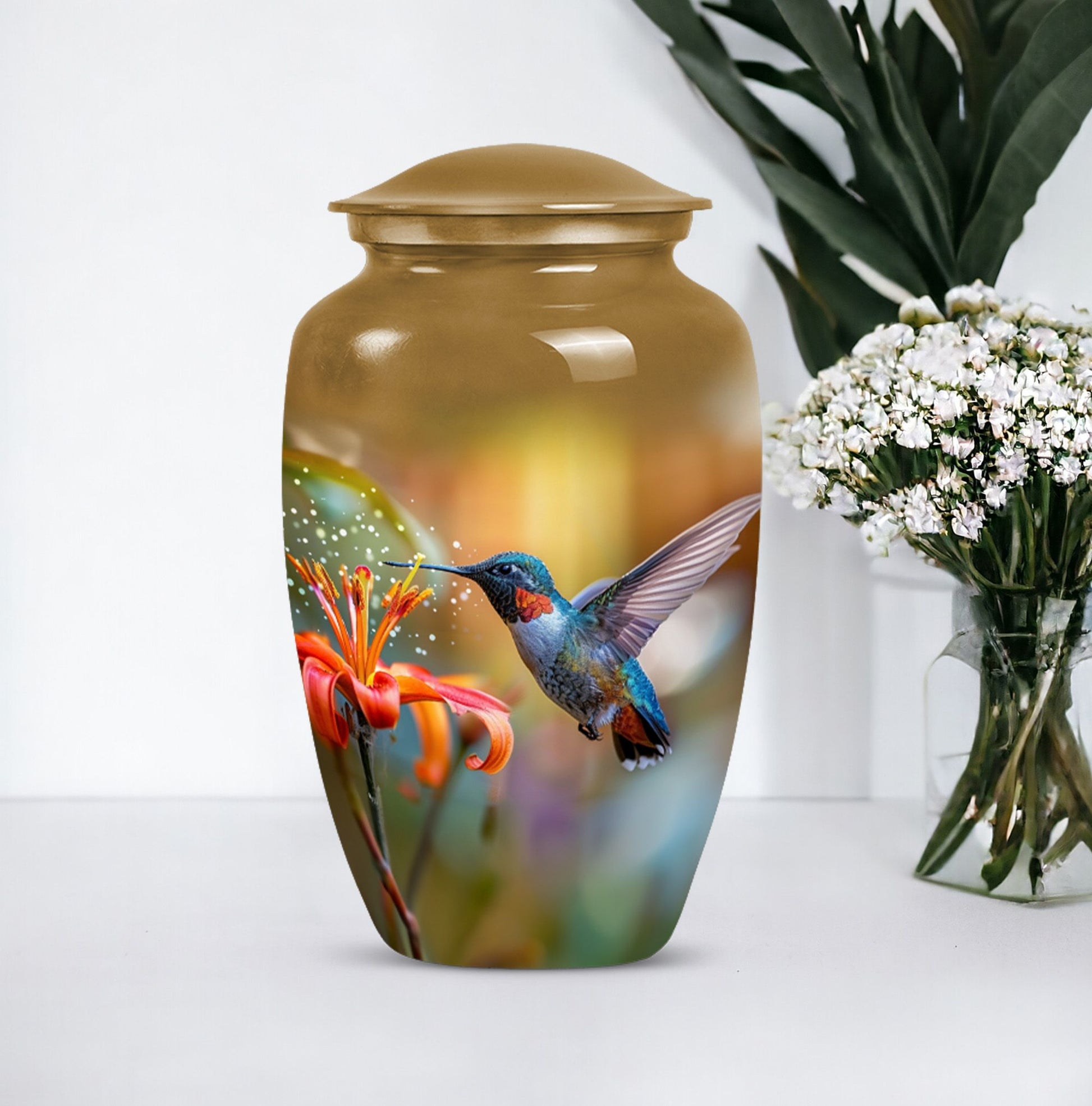 Humming bird design urn.