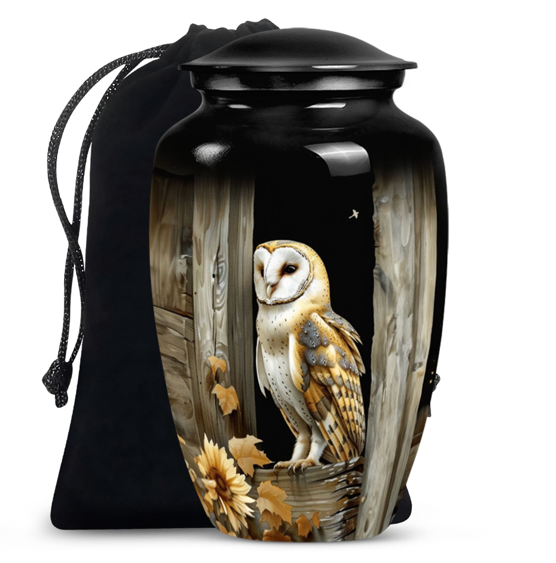 classic barn owl urn for adult human ashes.