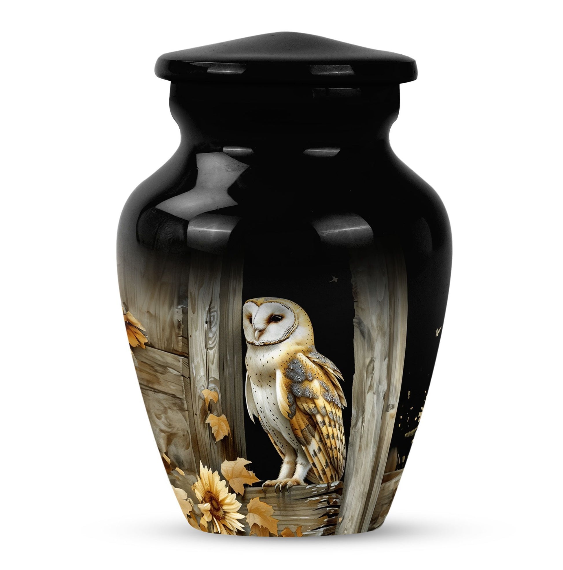 classic barn owl urn for adult human ashes.