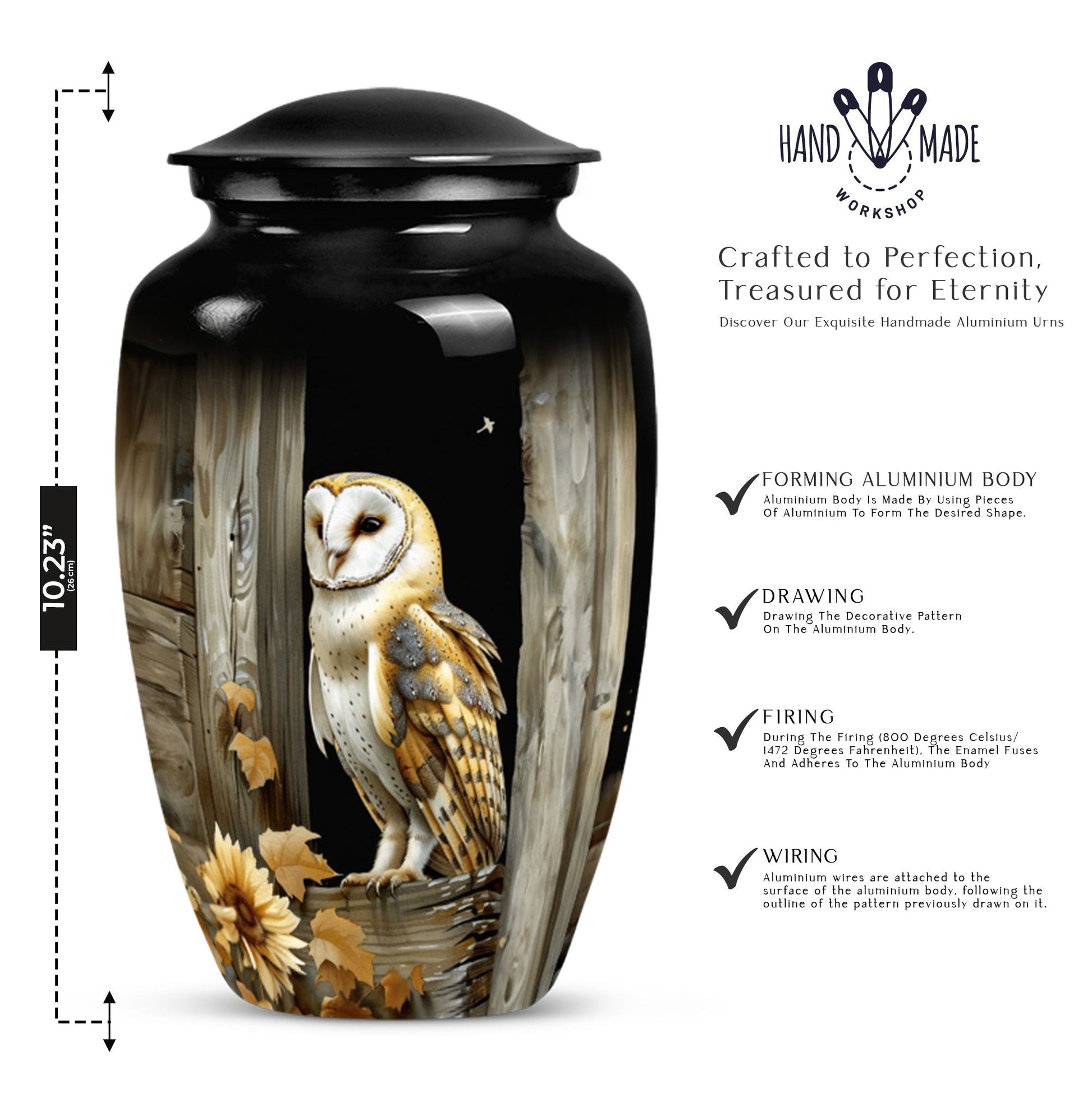 classic barn owl urn for adult human ashes.