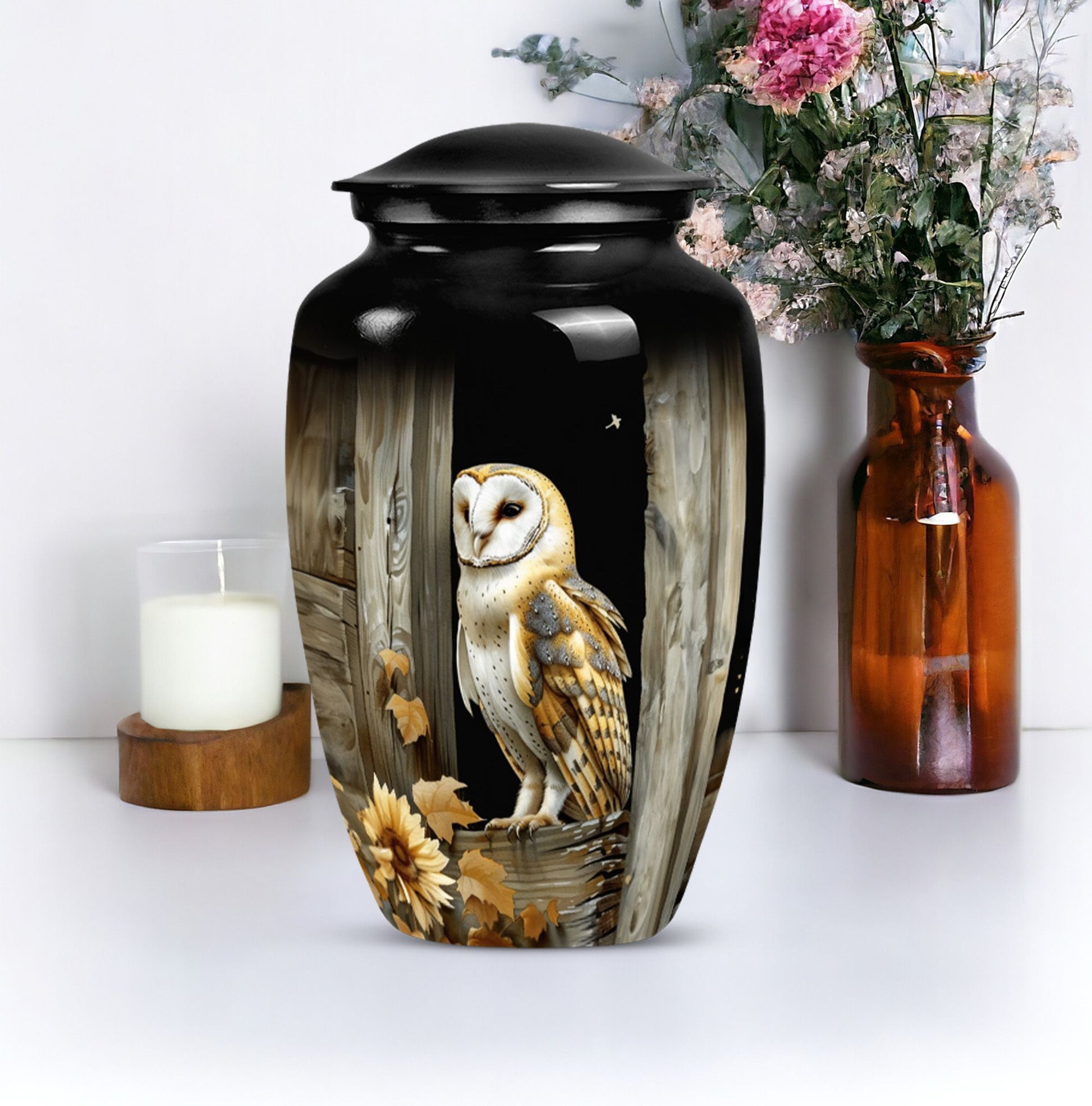 classic barn owl urn for adult human ashes.