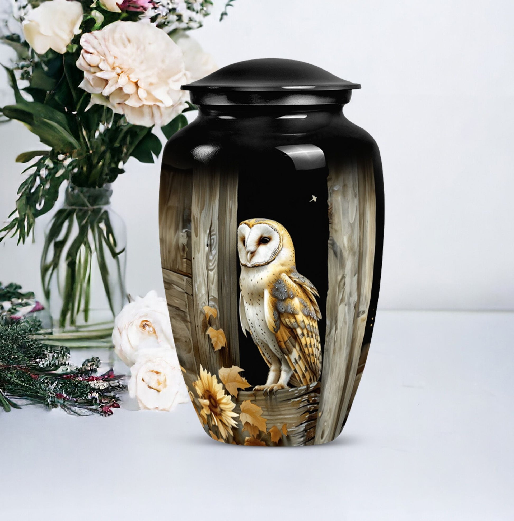 classic barn owl urn for adult human ashes.