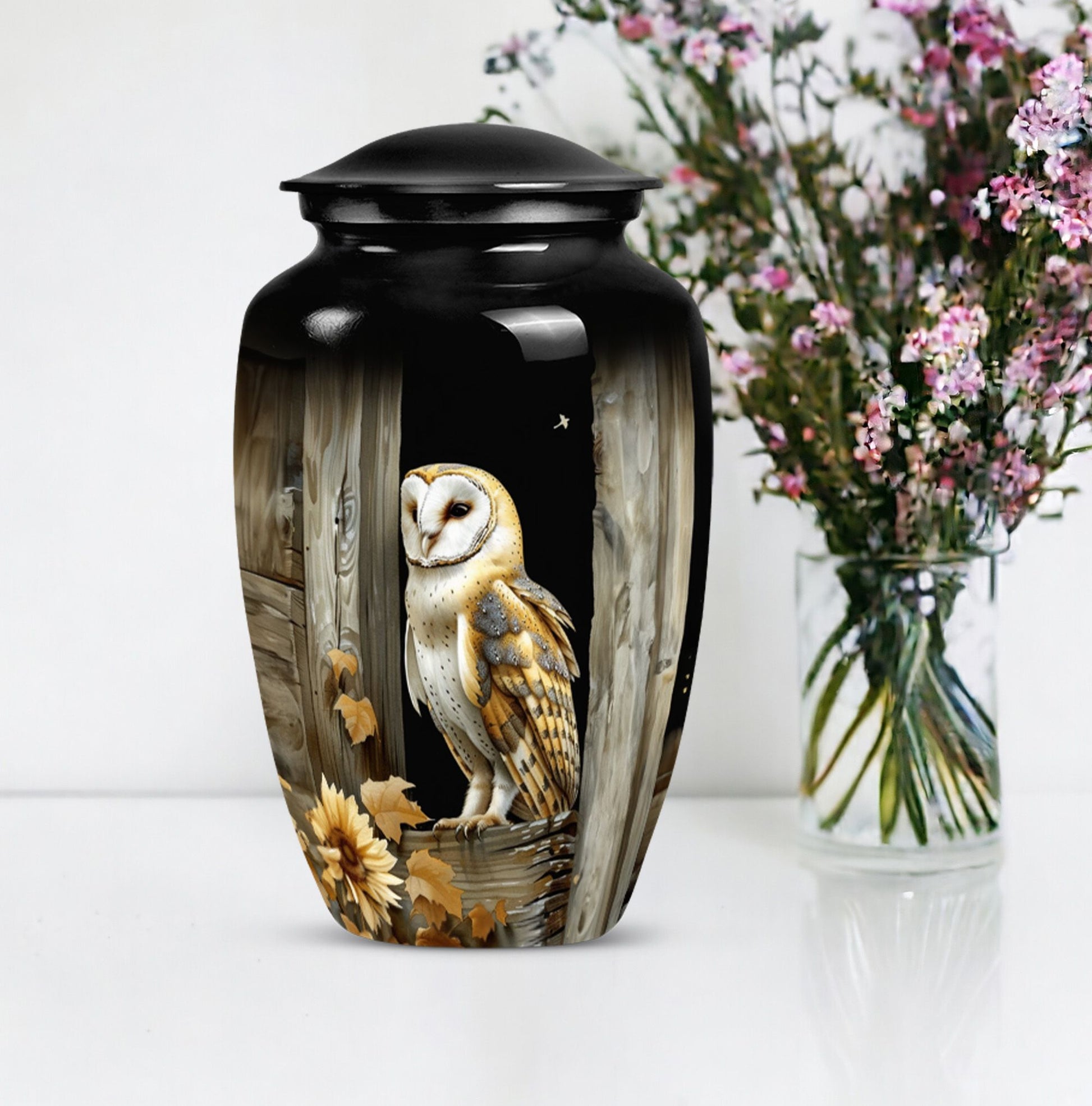 classic barn owl urn for adult human ashes.