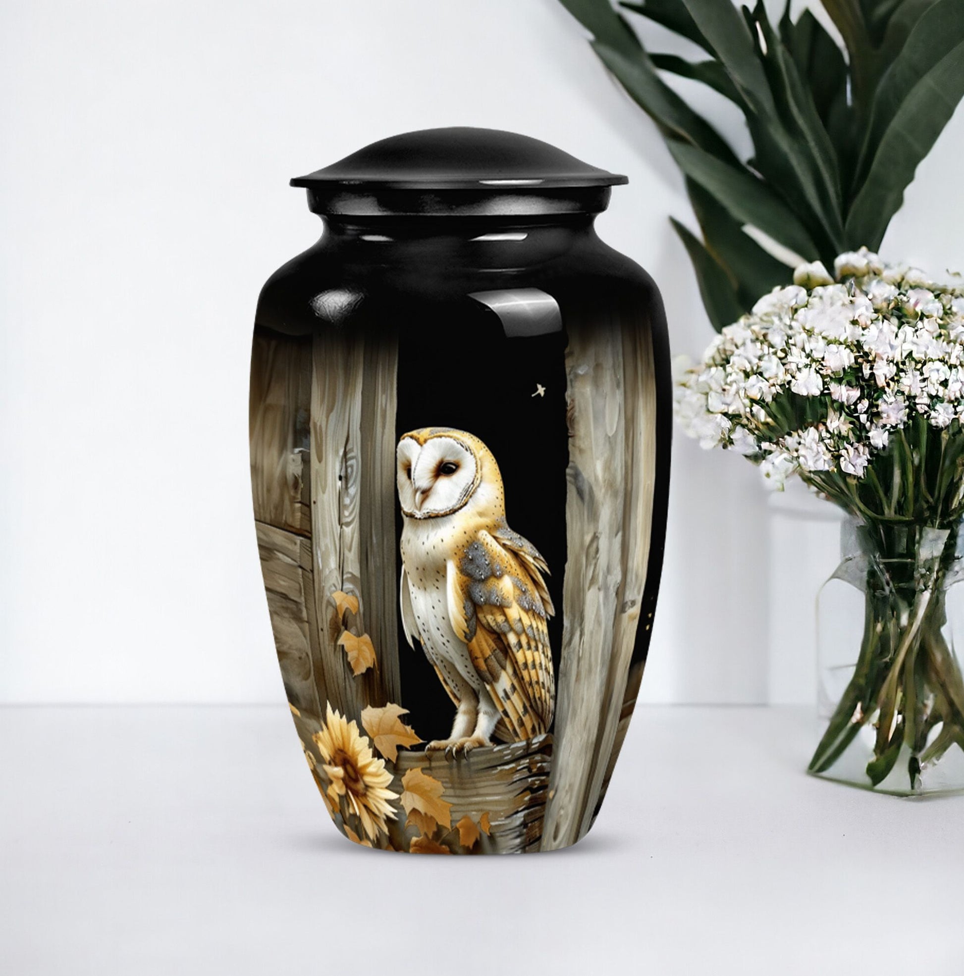 classic barn owl urn for adult human ashes.