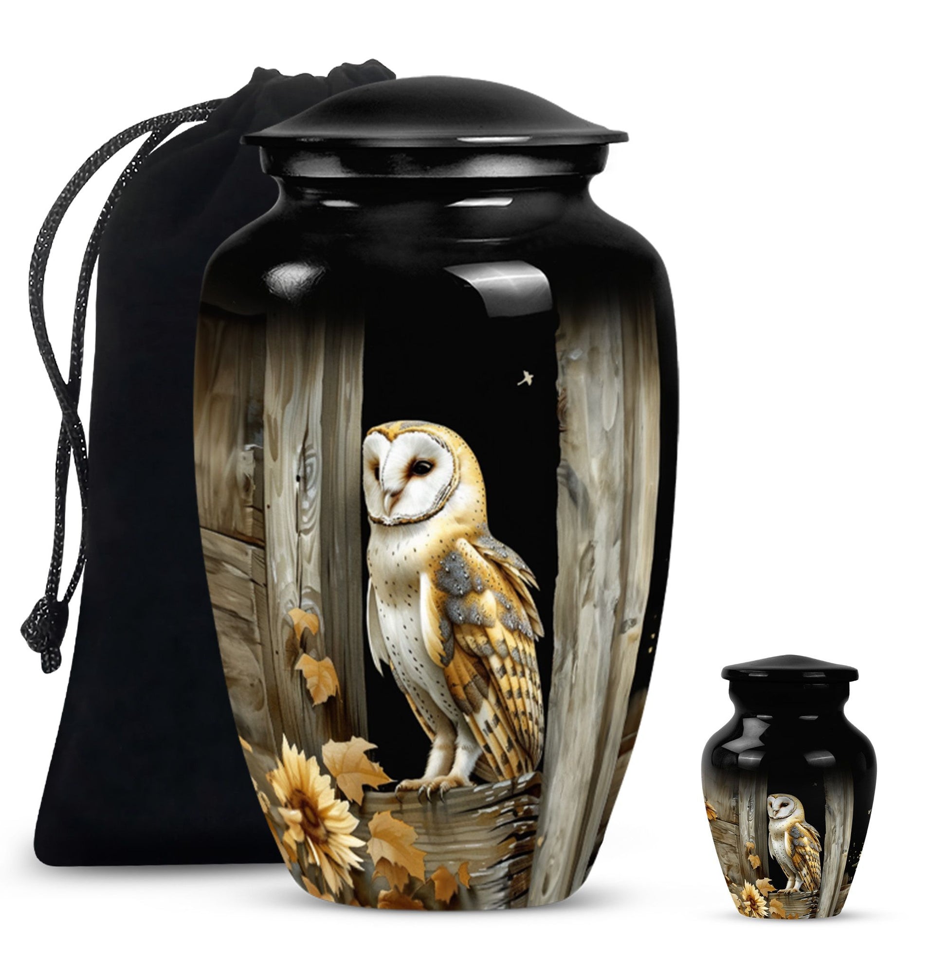 classic barn owl urn for adult human ashes.