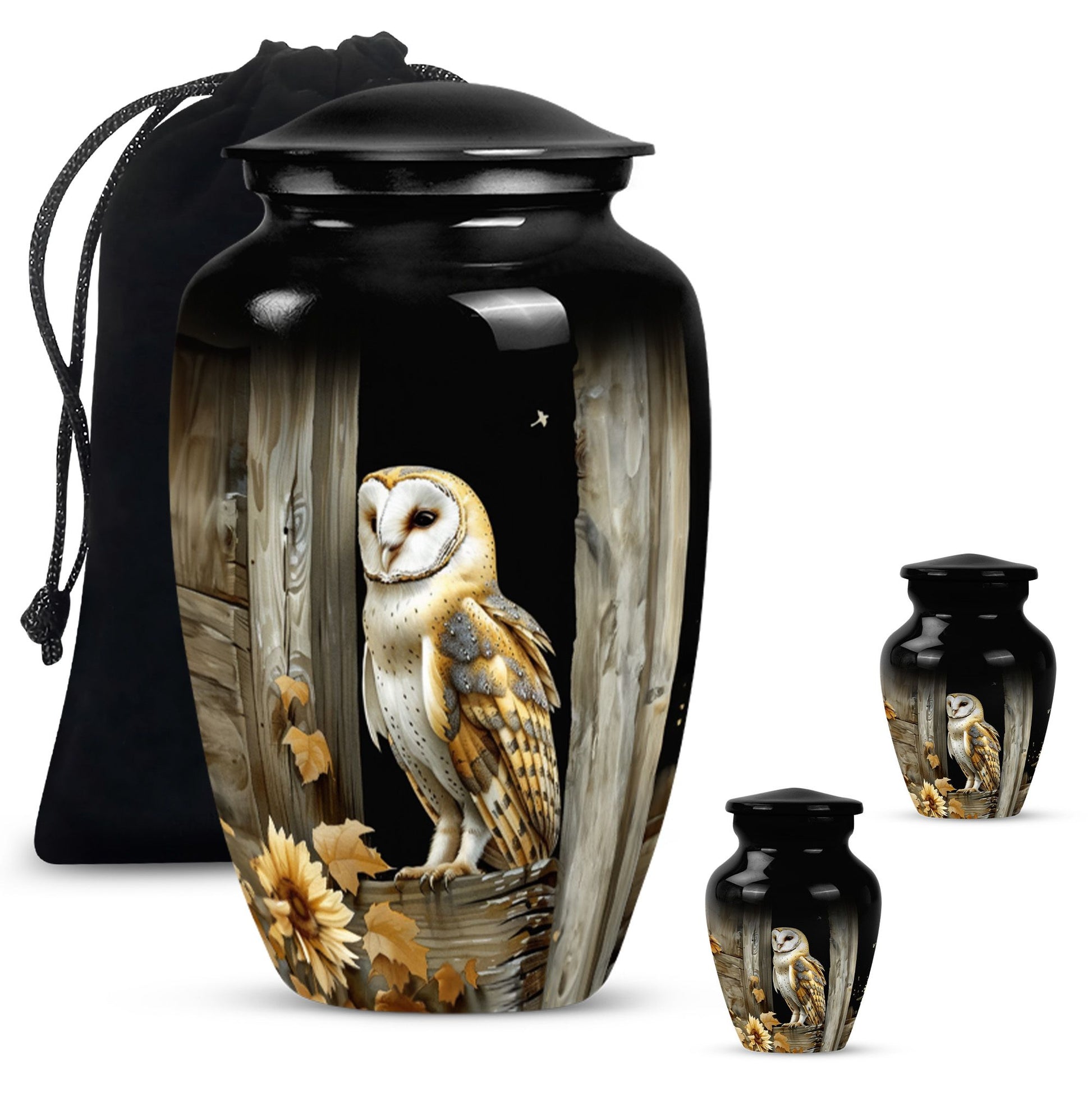 classic barn owl urn for adult human ashes.