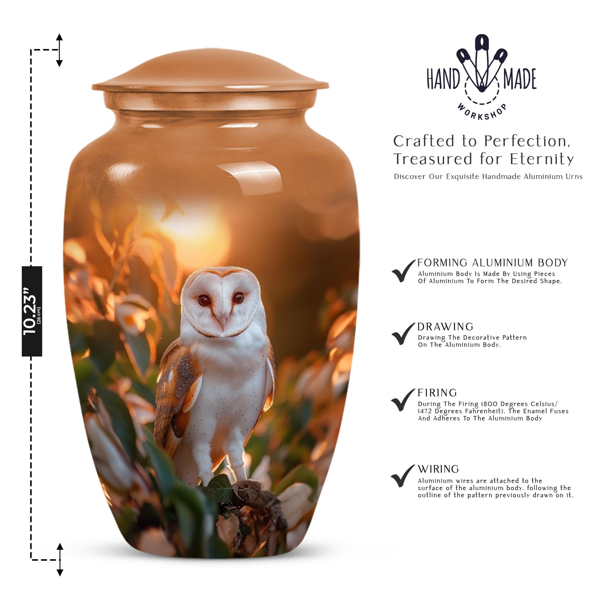 10-inch classic barn owl urn for human ashes.