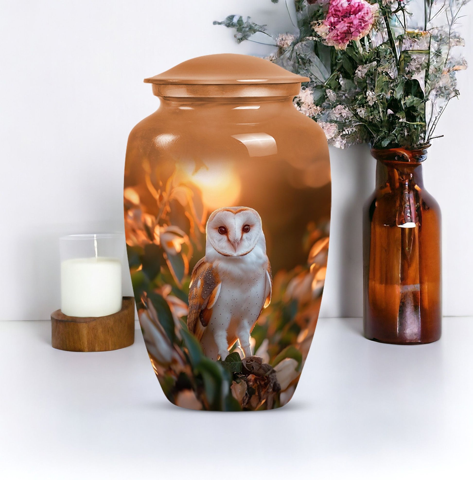 10-inch classic barn owl urn for human ashes.