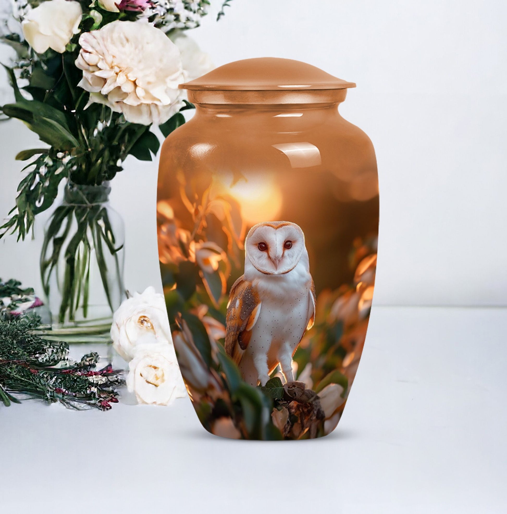 10-inch classic barn owl urn for human ashes.