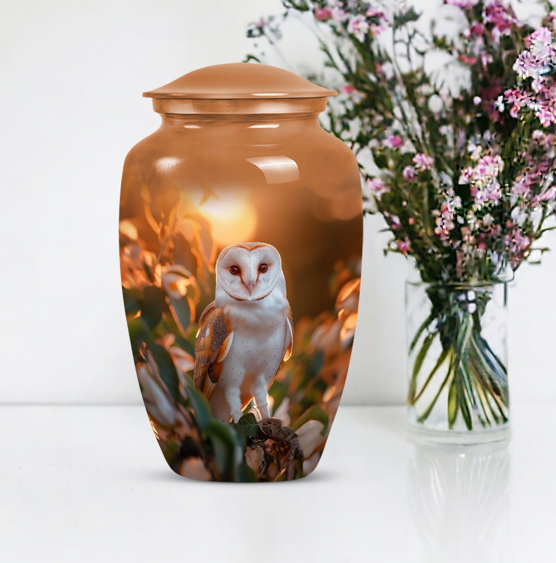 10-inch classic barn owl urn for human ashes.