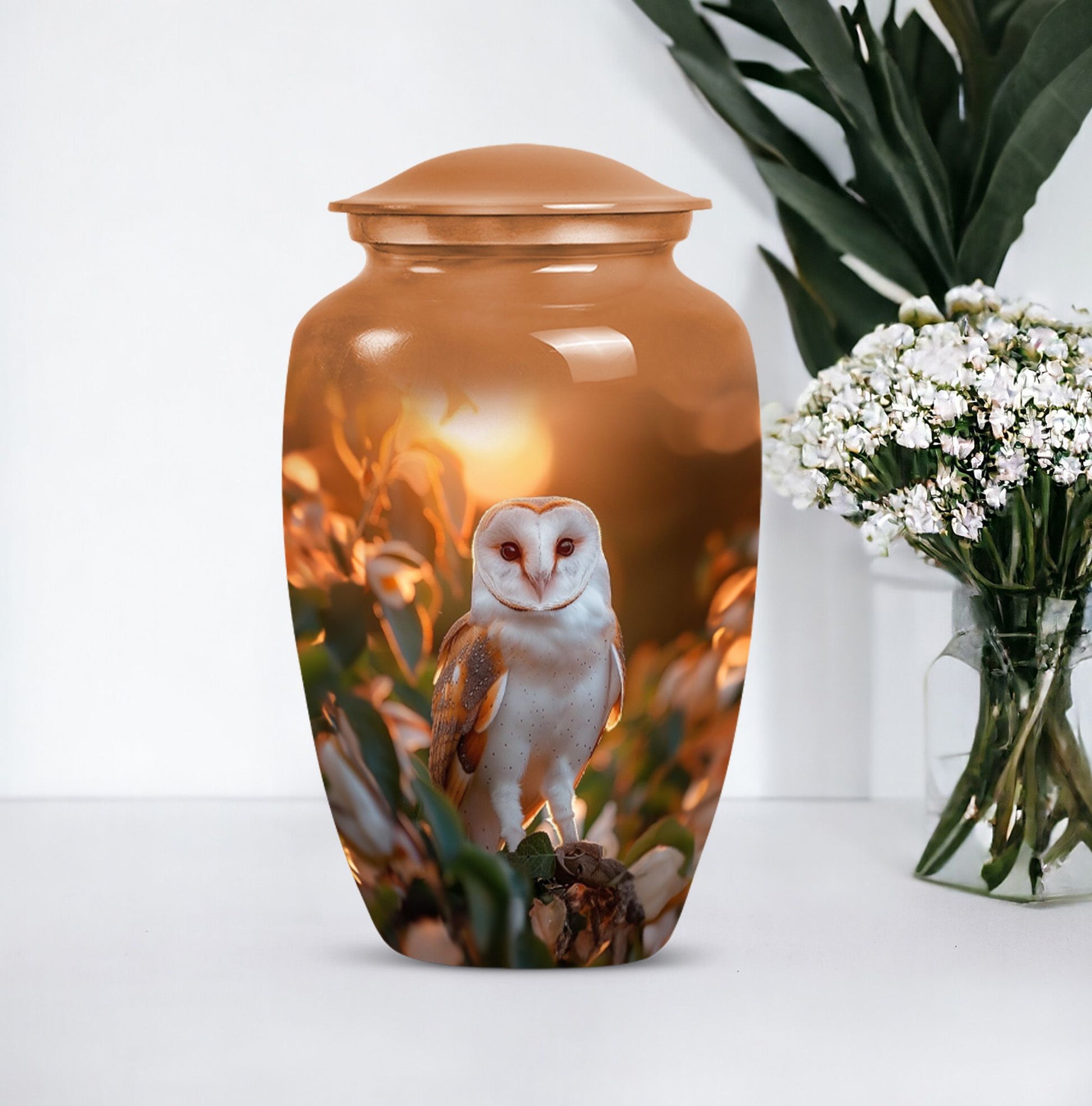 10-inch classic barn owl urn for human ashes.