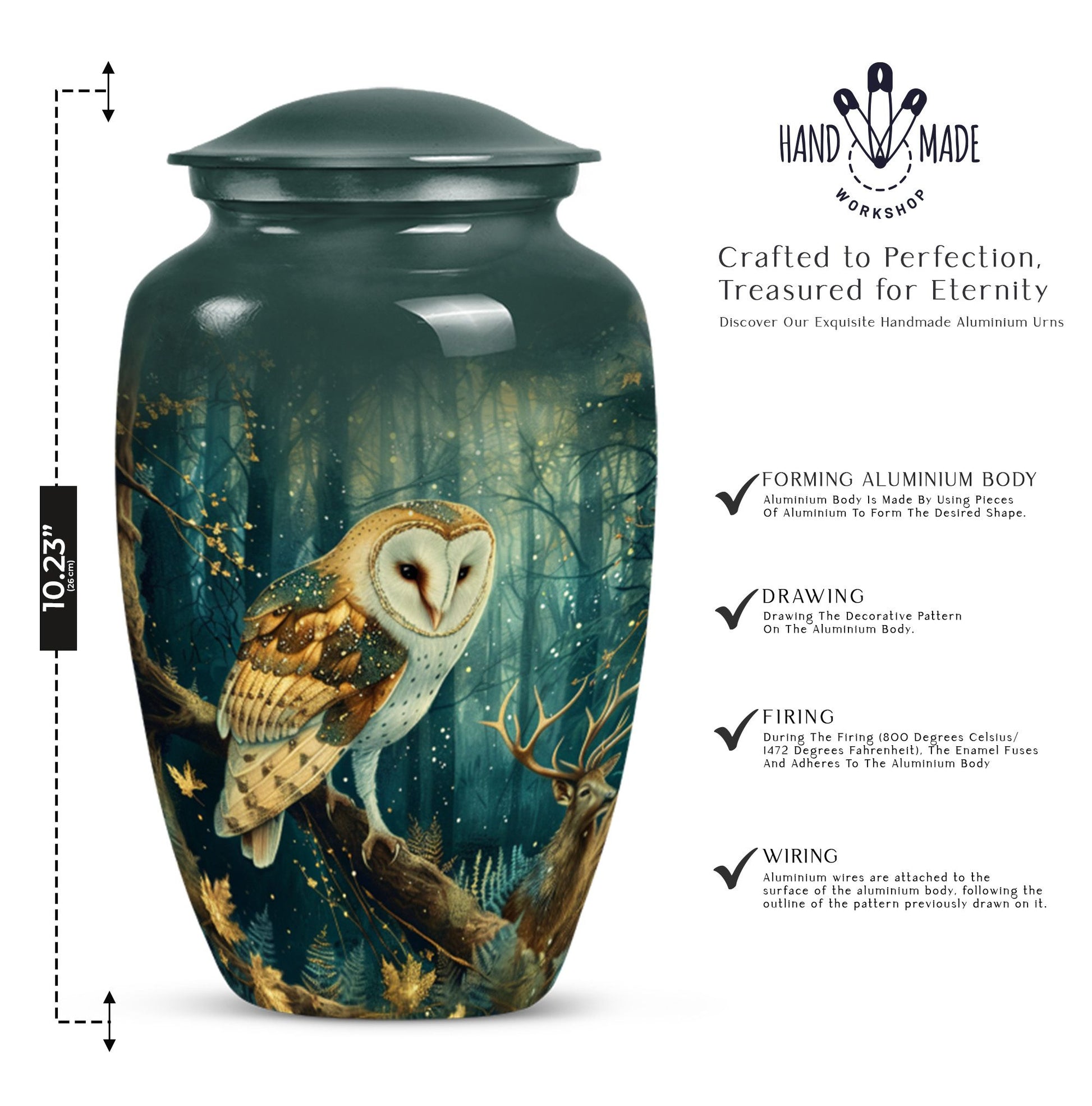 10 inch aluminium classic barn owl urn for human ashes.