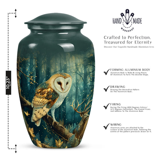 10 inch aluminium classic barn owl urn for human ashes.