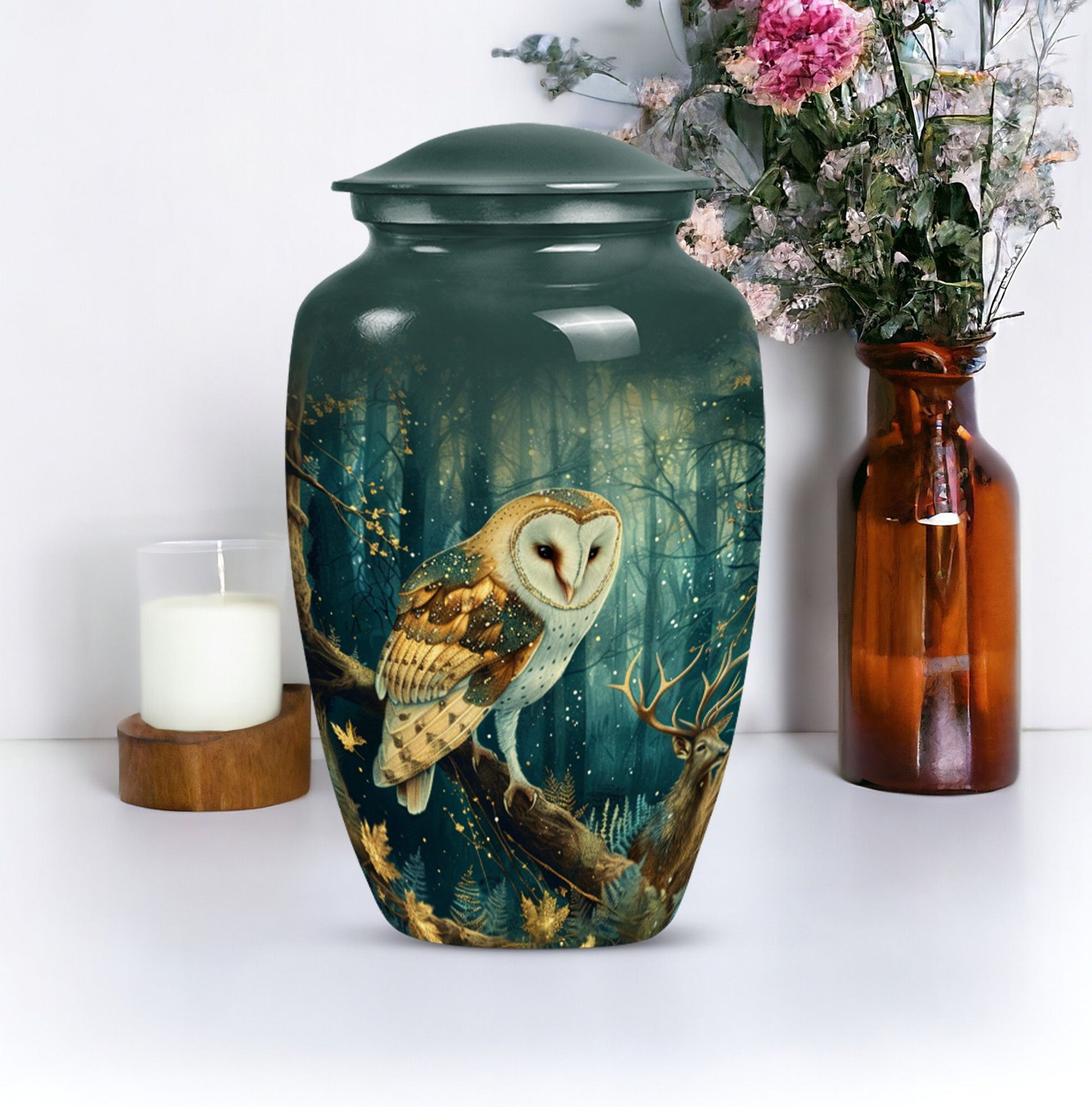 10 inch aluminium classic barn owl urn for human ashes.