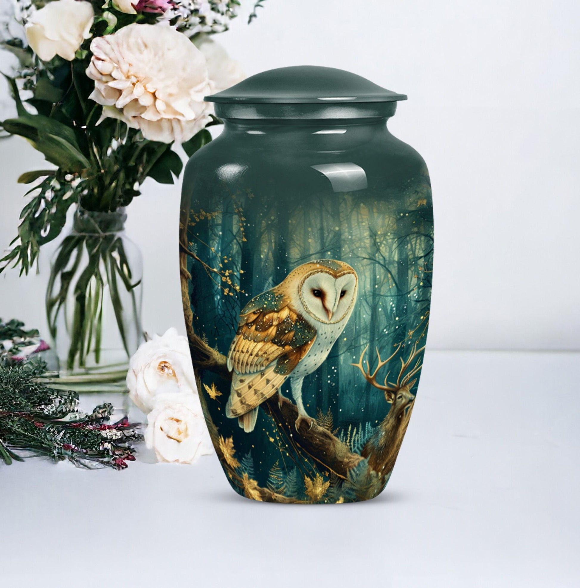 10 inch aluminium classic barn owl urn for human ashes.