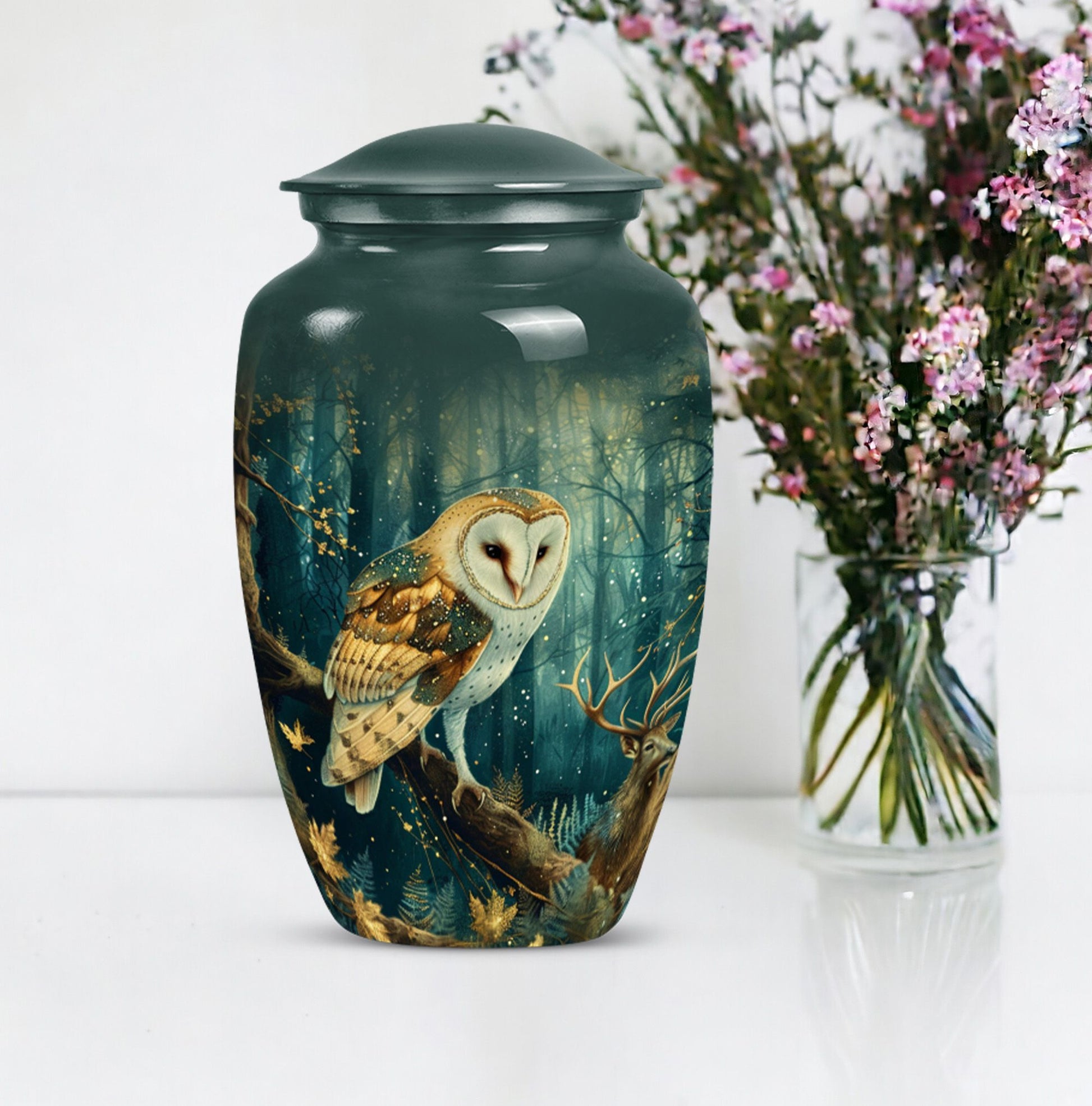 10 inch aluminium classic barn owl urn for human ashes.