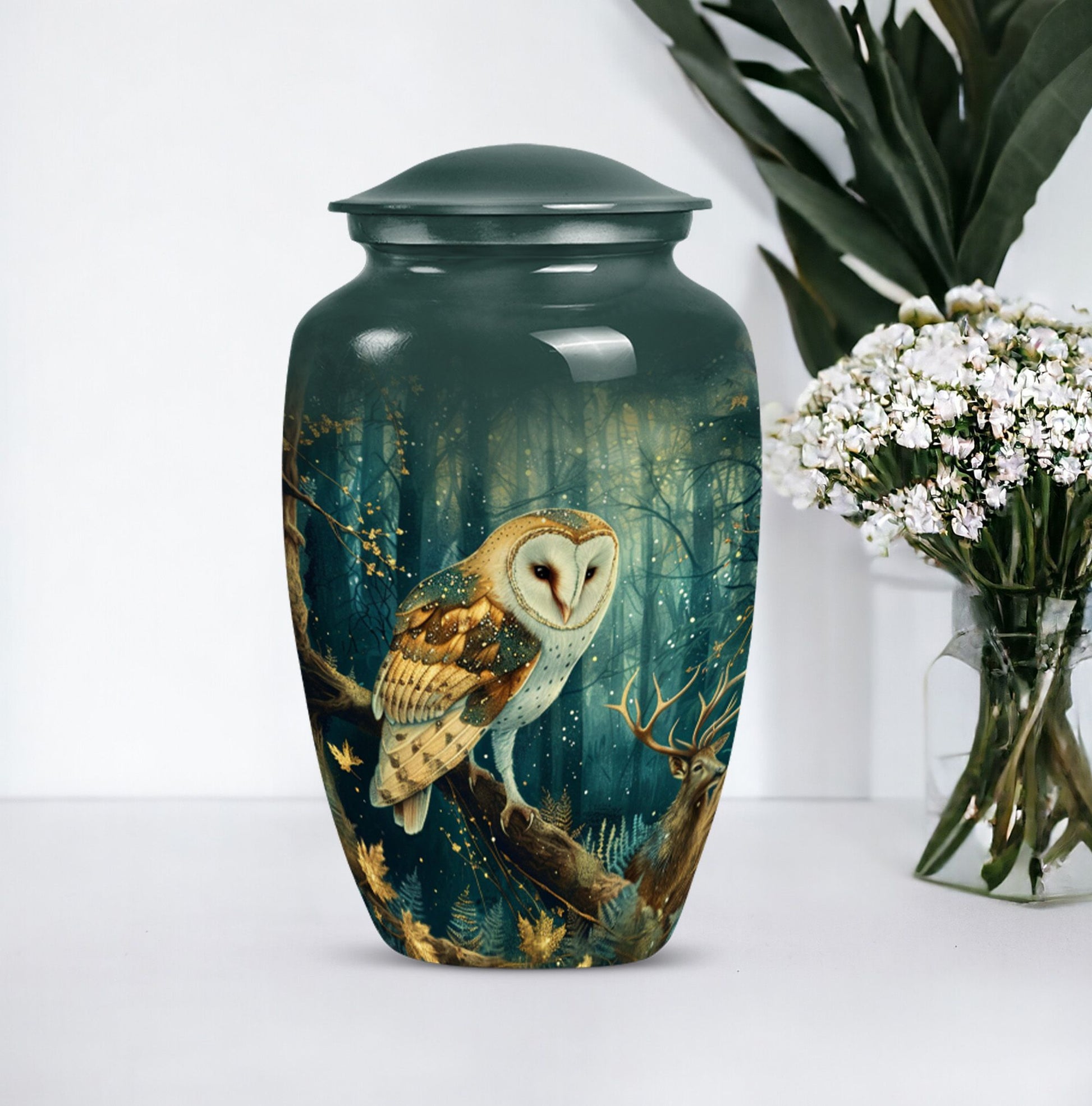 10 inch aluminium classic barn owl urn for human ashes.