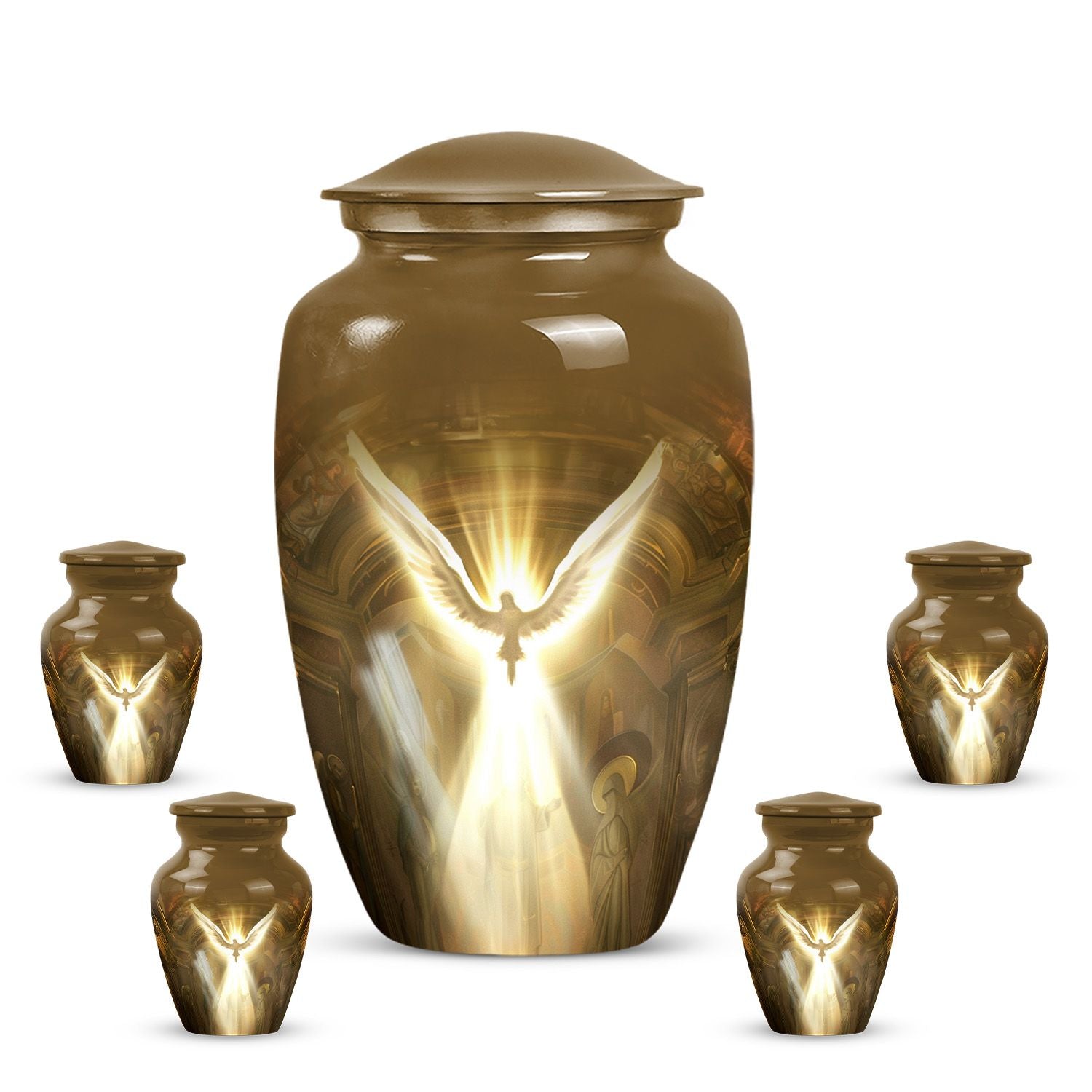 Classic catholic urn, medium-sized cremation container.