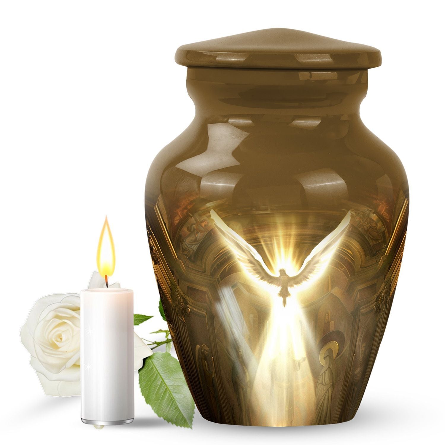 Classic catholic urn, medium-sized cremation container.