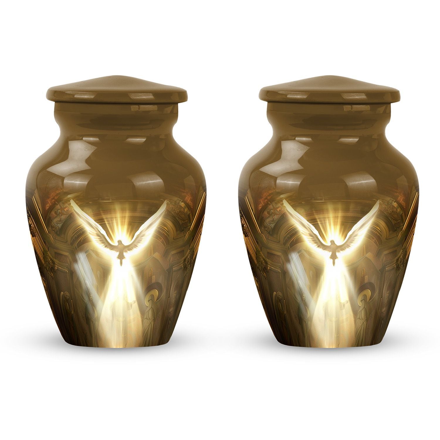 Classic catholic urn, medium-sized cremation container.