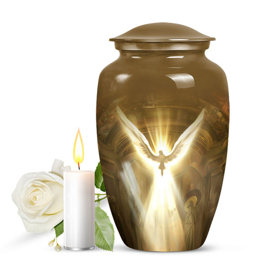 Classic catholic urn, medium-sized cremation container.