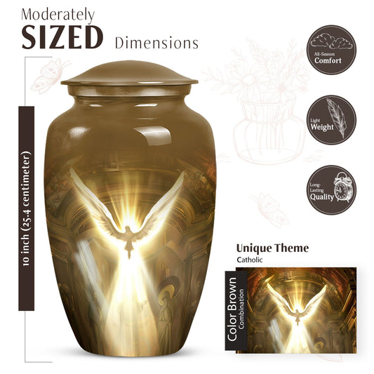 Classic catholic urn, medium-sized cremation container.