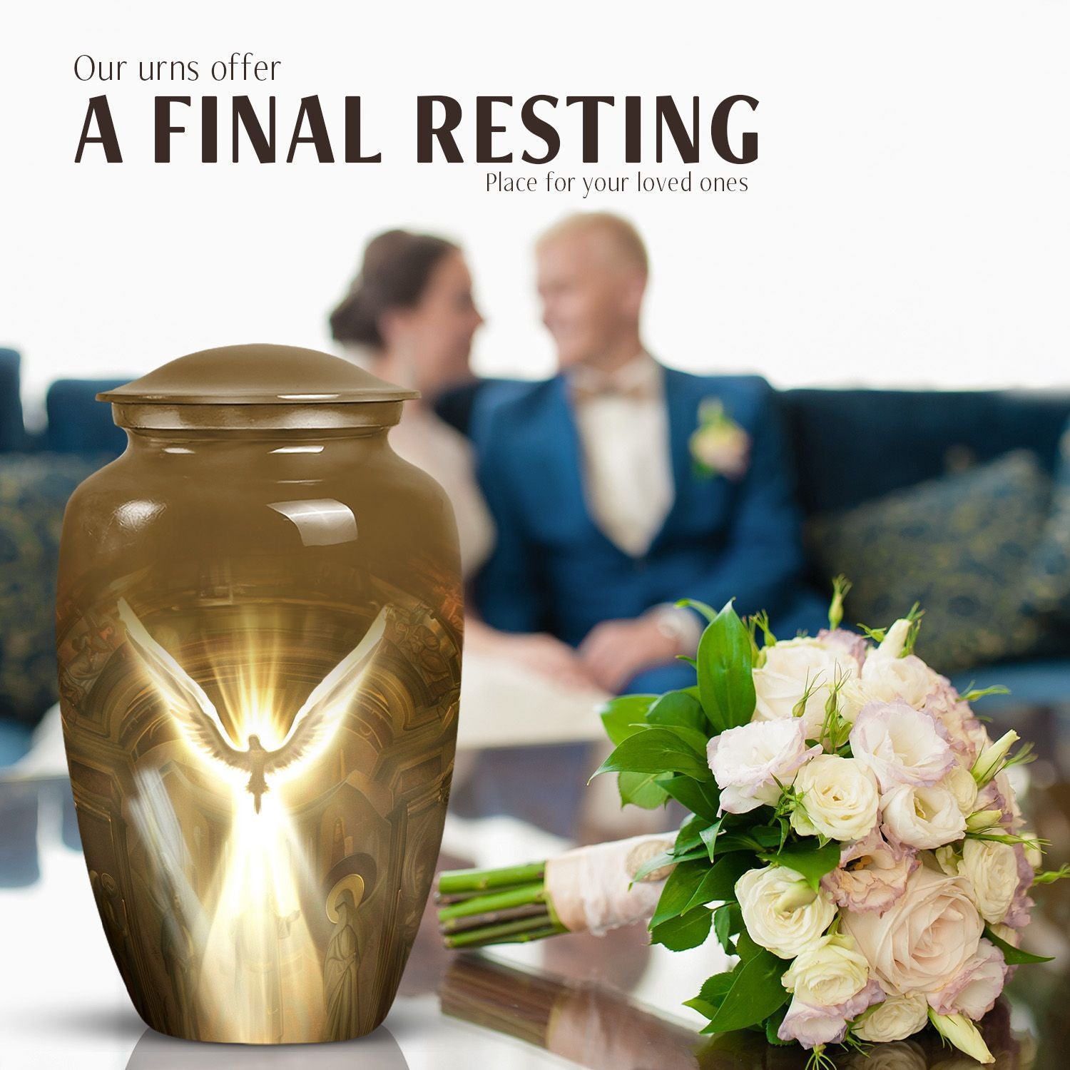 Classic catholic urn, medium-sized cremation container.