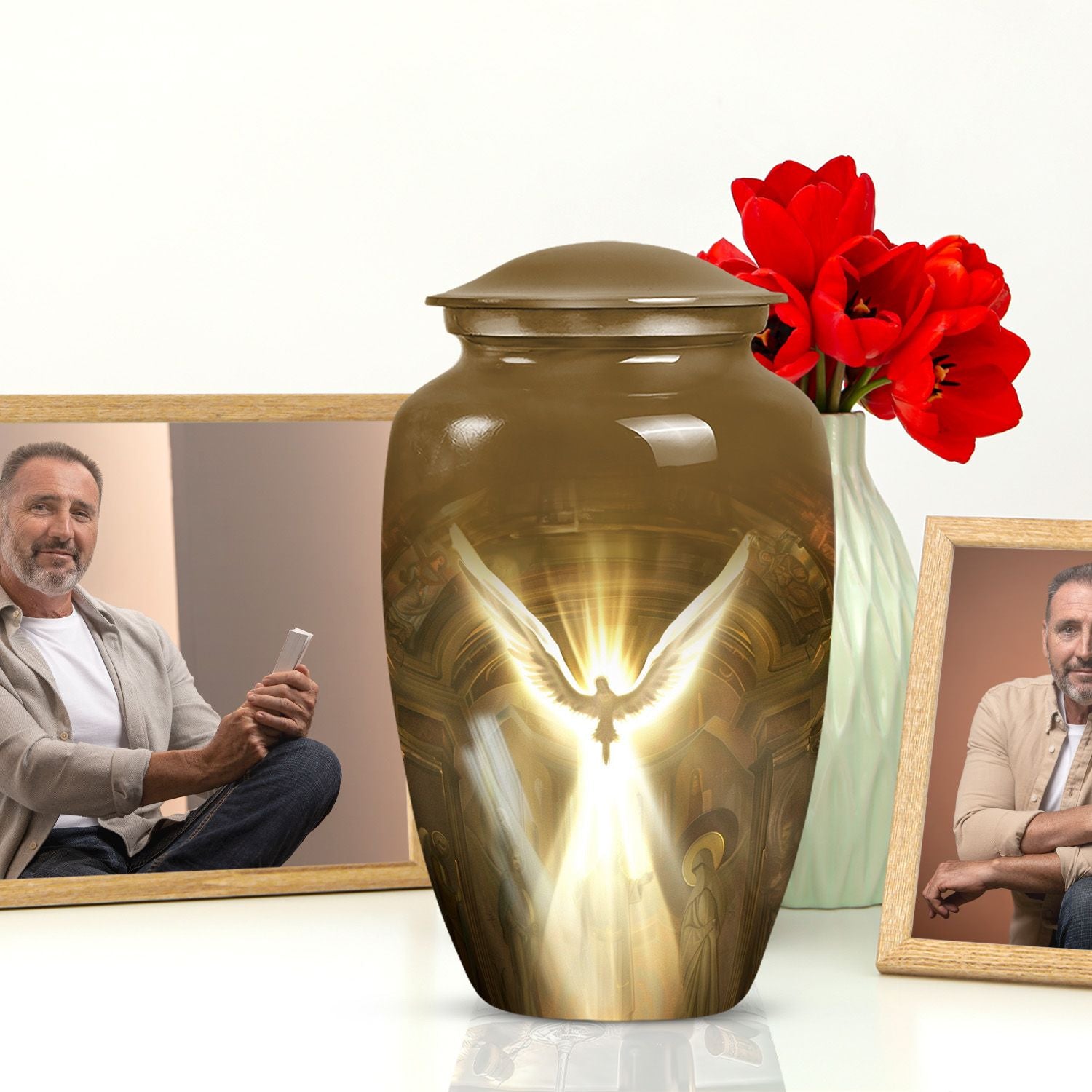 Classic catholic urn, medium-sized cremation container.