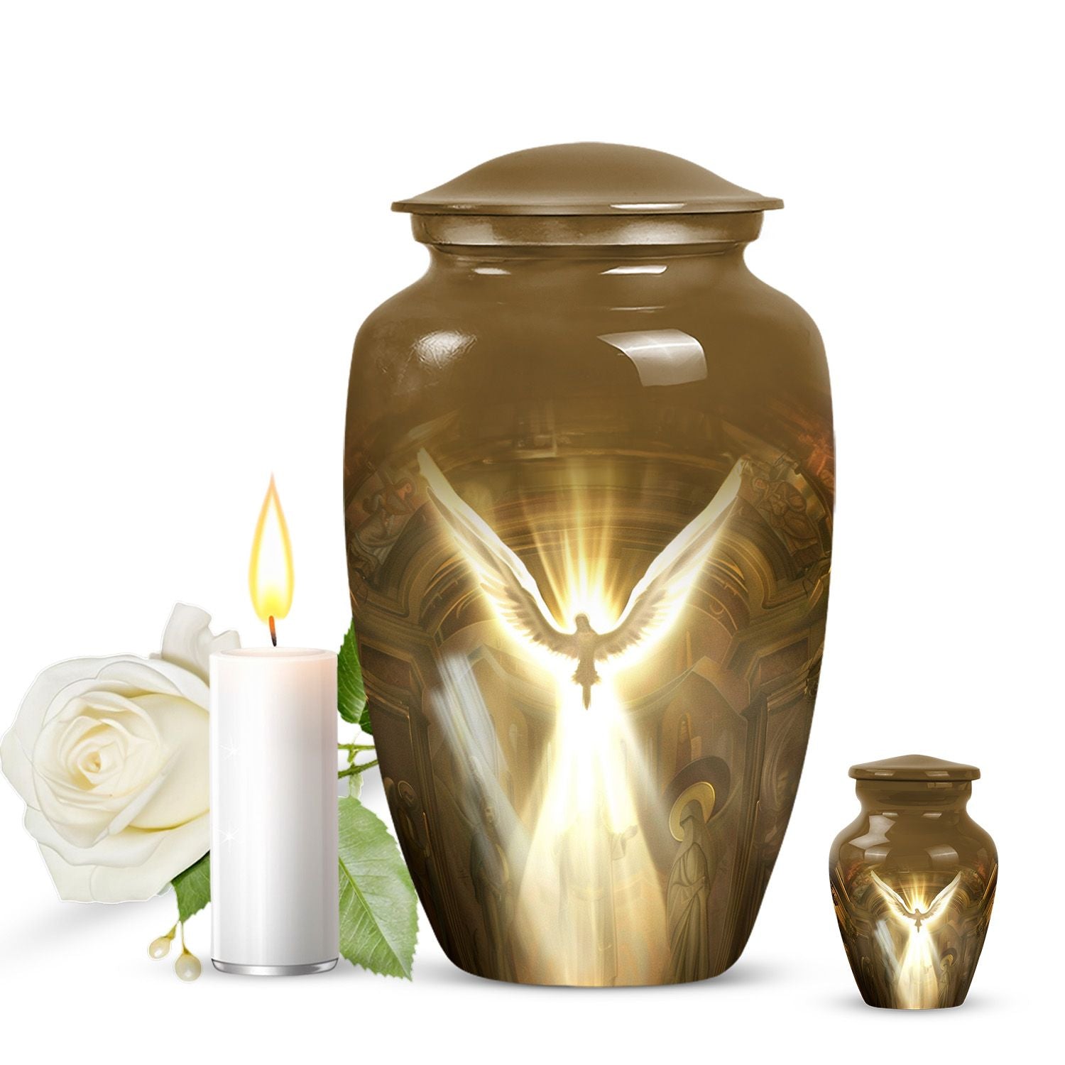 Classic catholic urn, medium-sized cremation container.