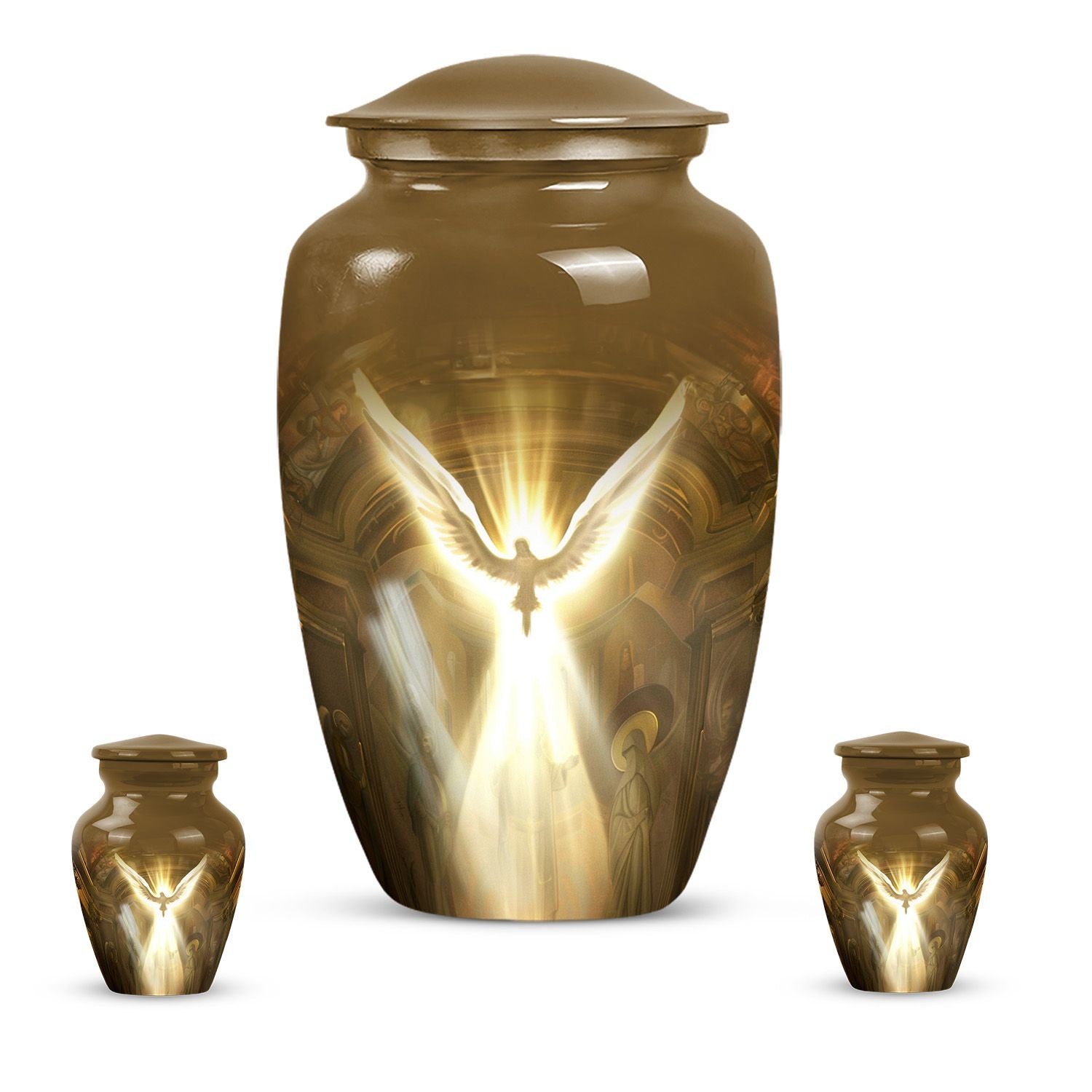 Classic catholic urn, medium-sized cremation container.