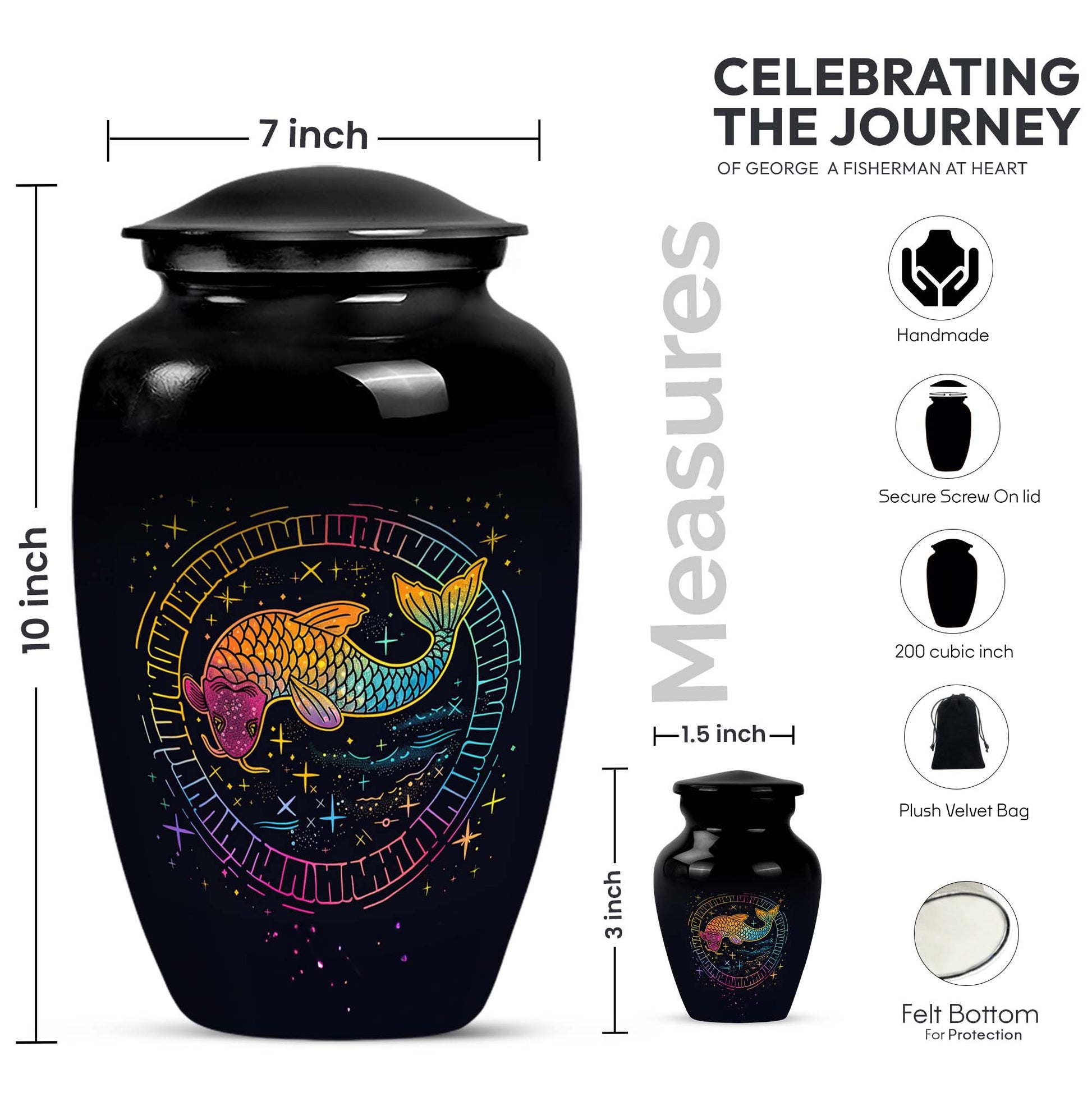 Abstract-themed large classic fish urn, aluminium cremation 