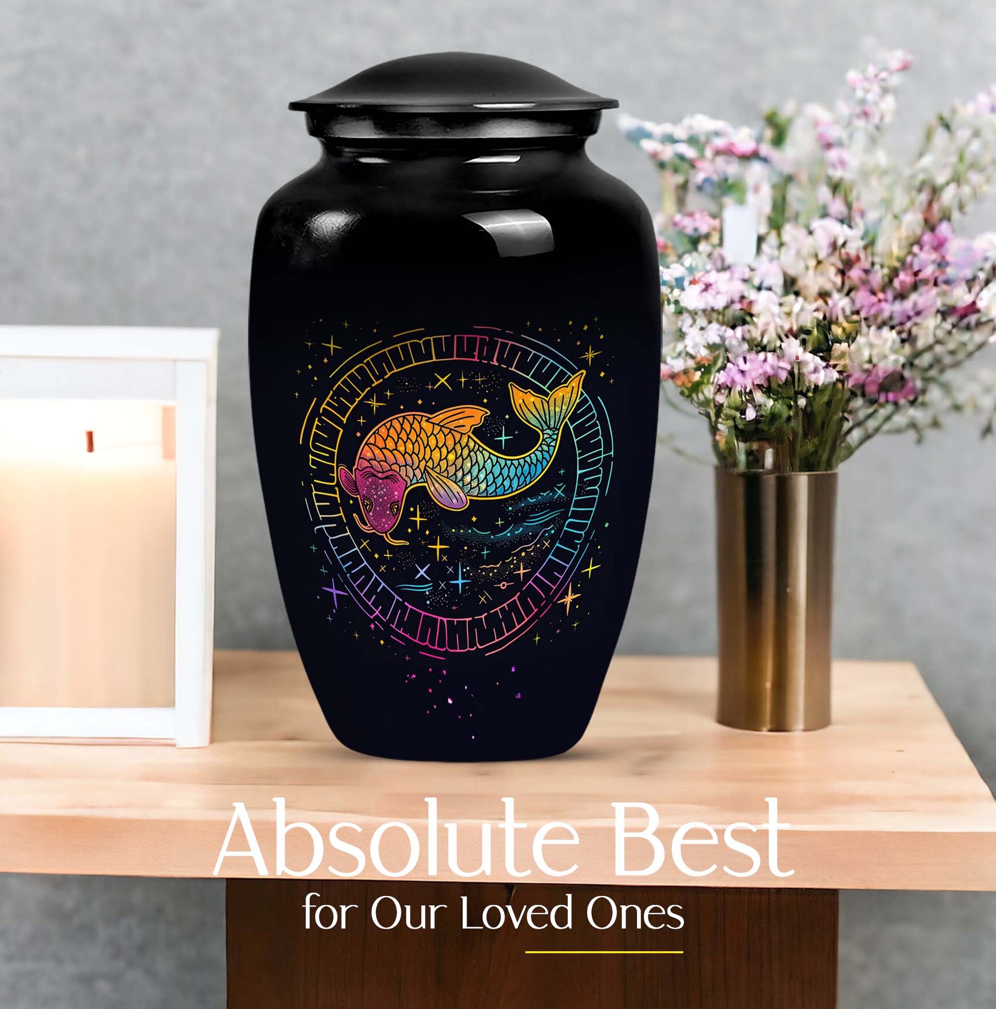 Abstract-themed large classic fish urn, aluminium cremation 