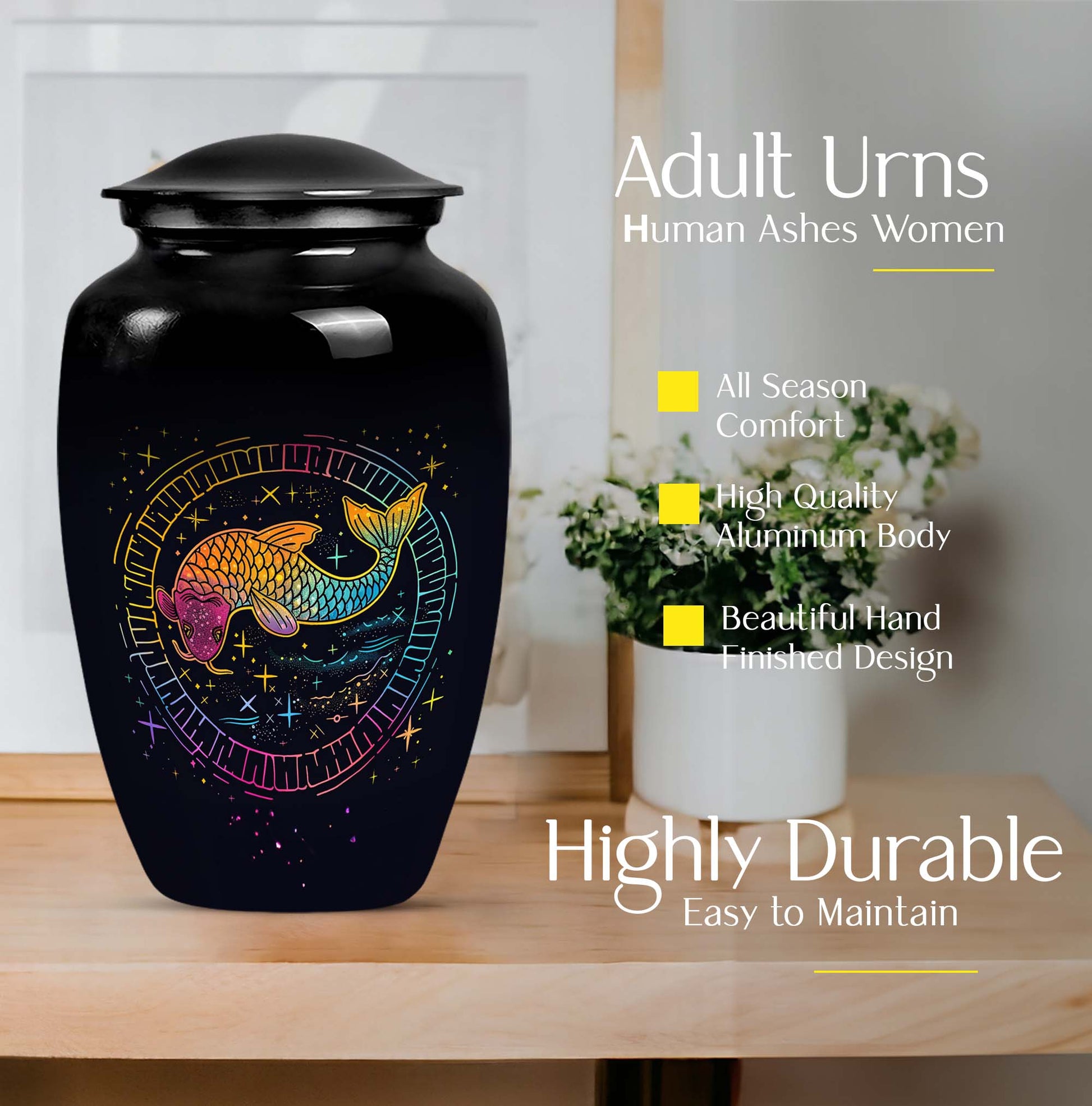 Abstract-themed large classic fish urn, aluminium cremation 