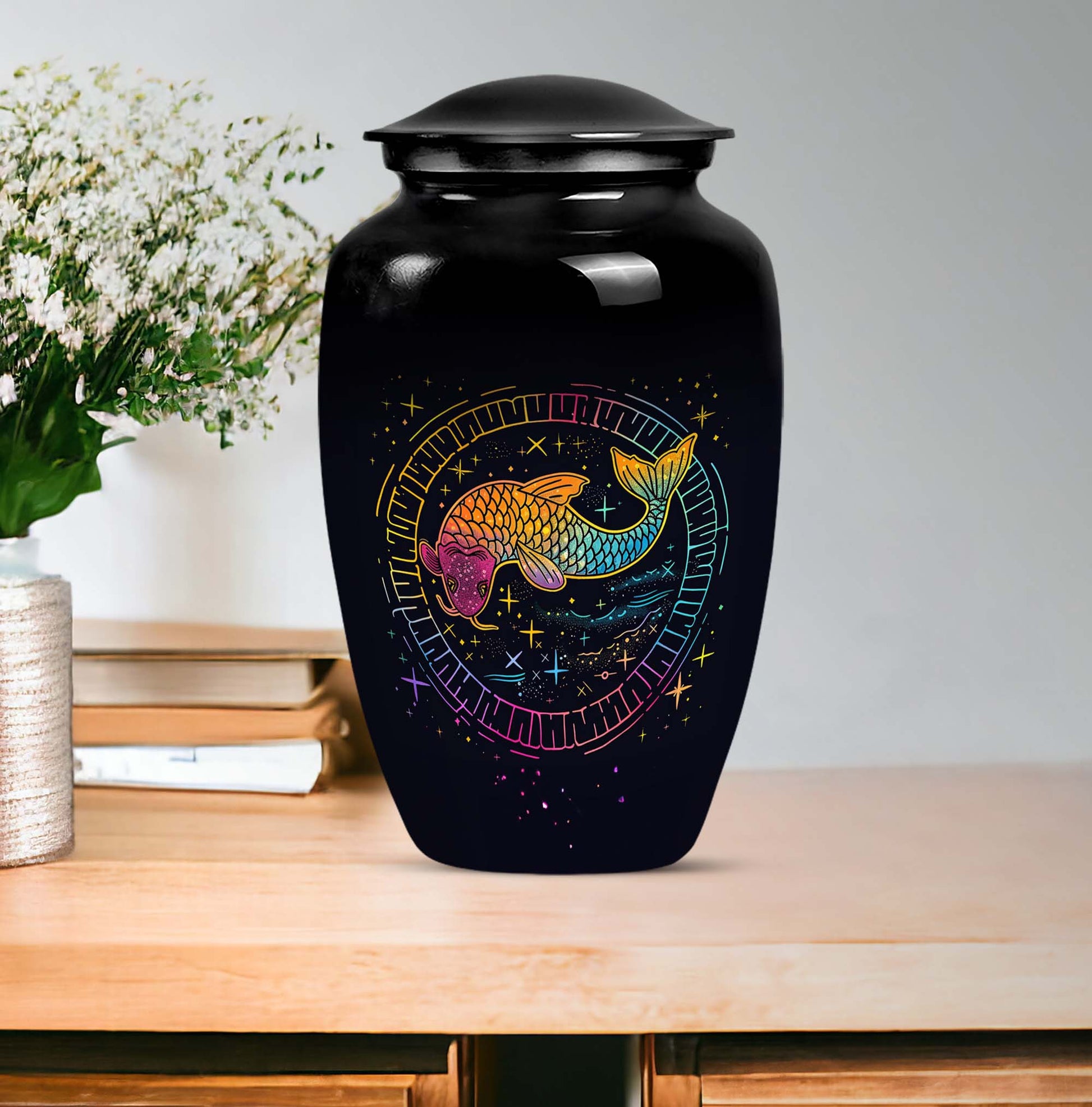 Abstract-themed large classic fish urn, aluminium cremation 