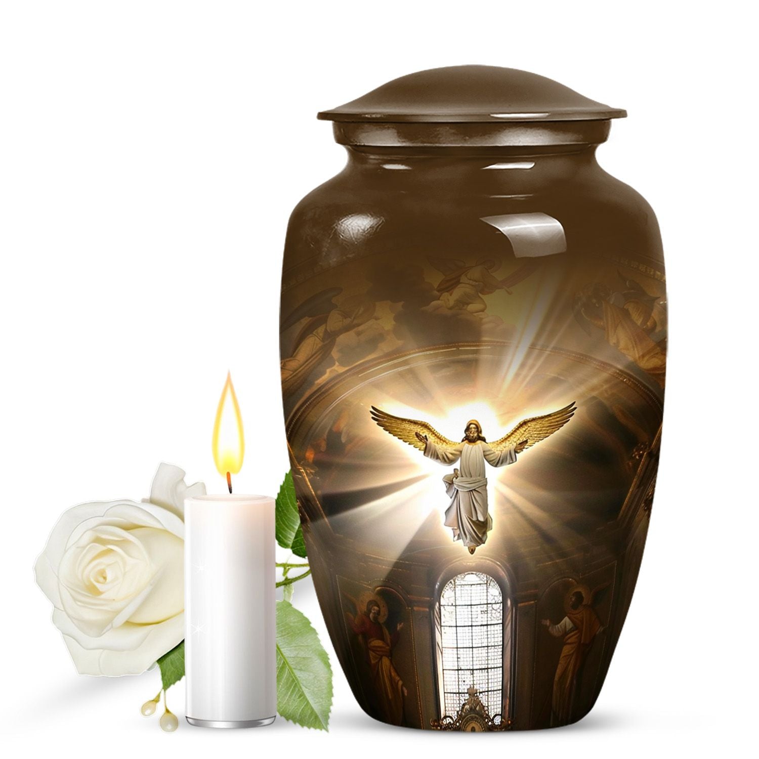 Classic catholic urn for adult human ashes, memorial urn