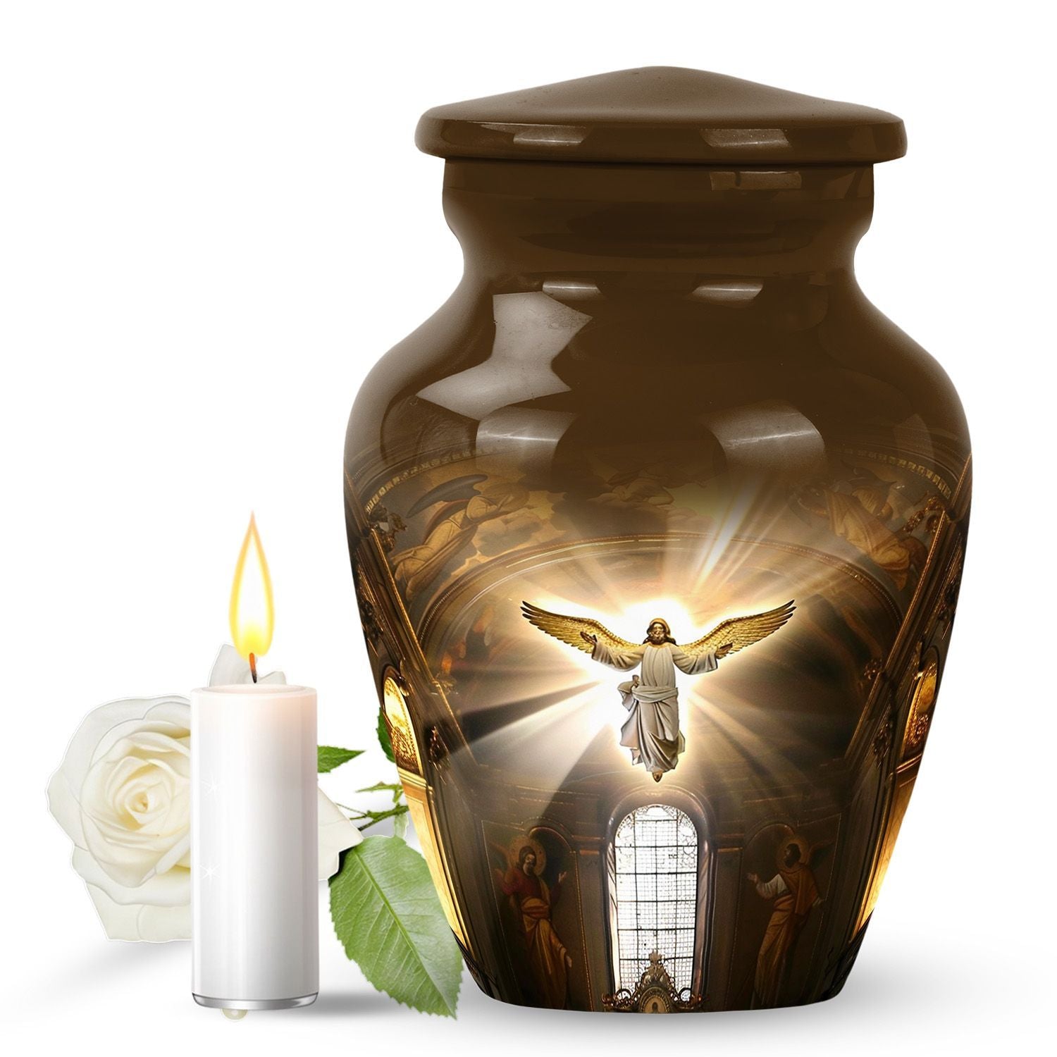 Classic catholic urn for adult human ashes, memorial urn