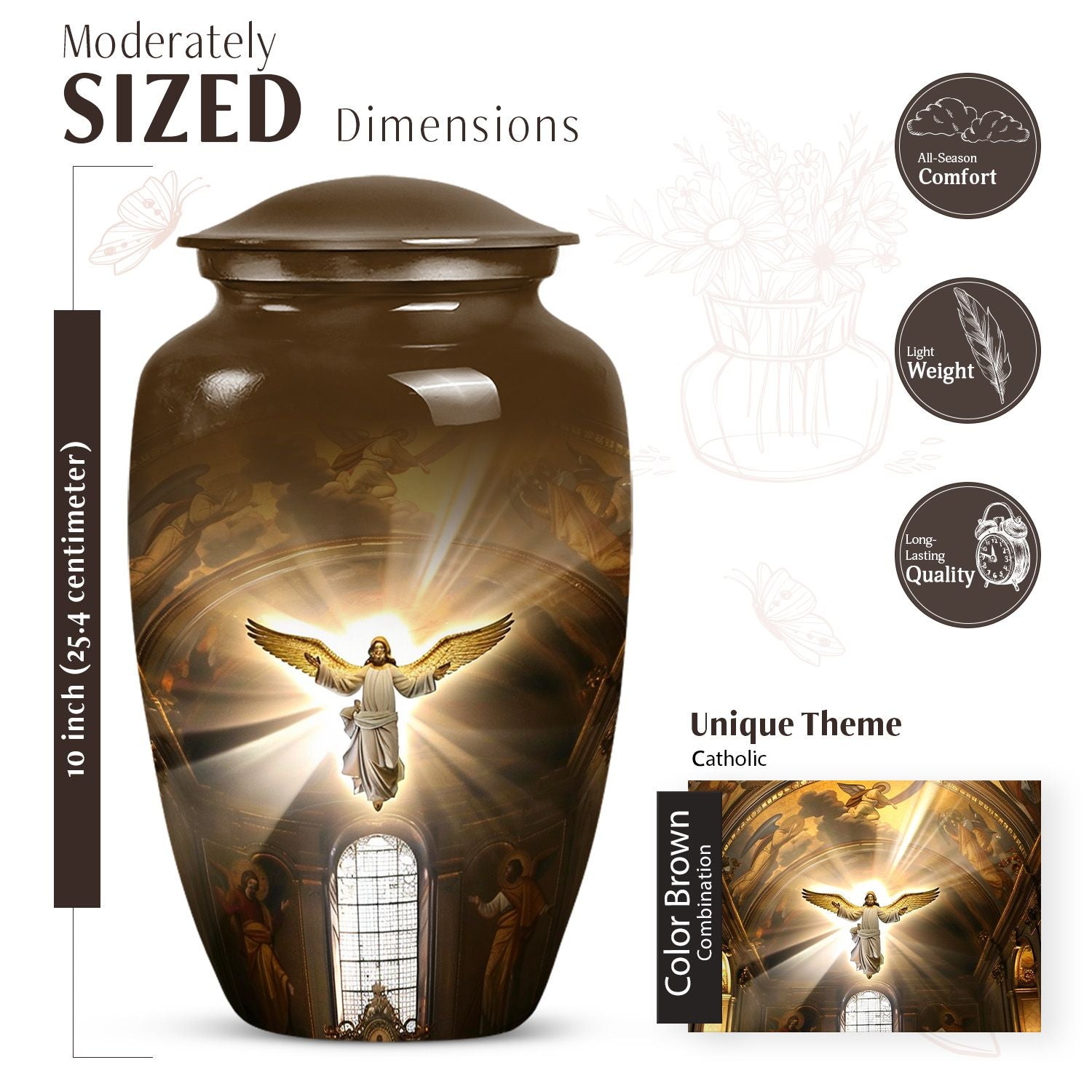 Classic catholic urn for adult human ashes, memorial urn