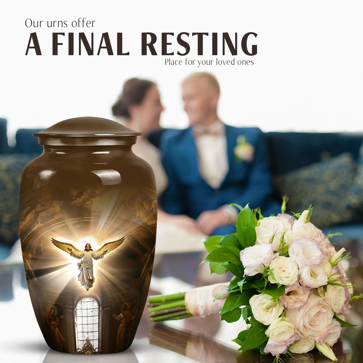 Classic catholic urn for adult human ashes, memorial urn