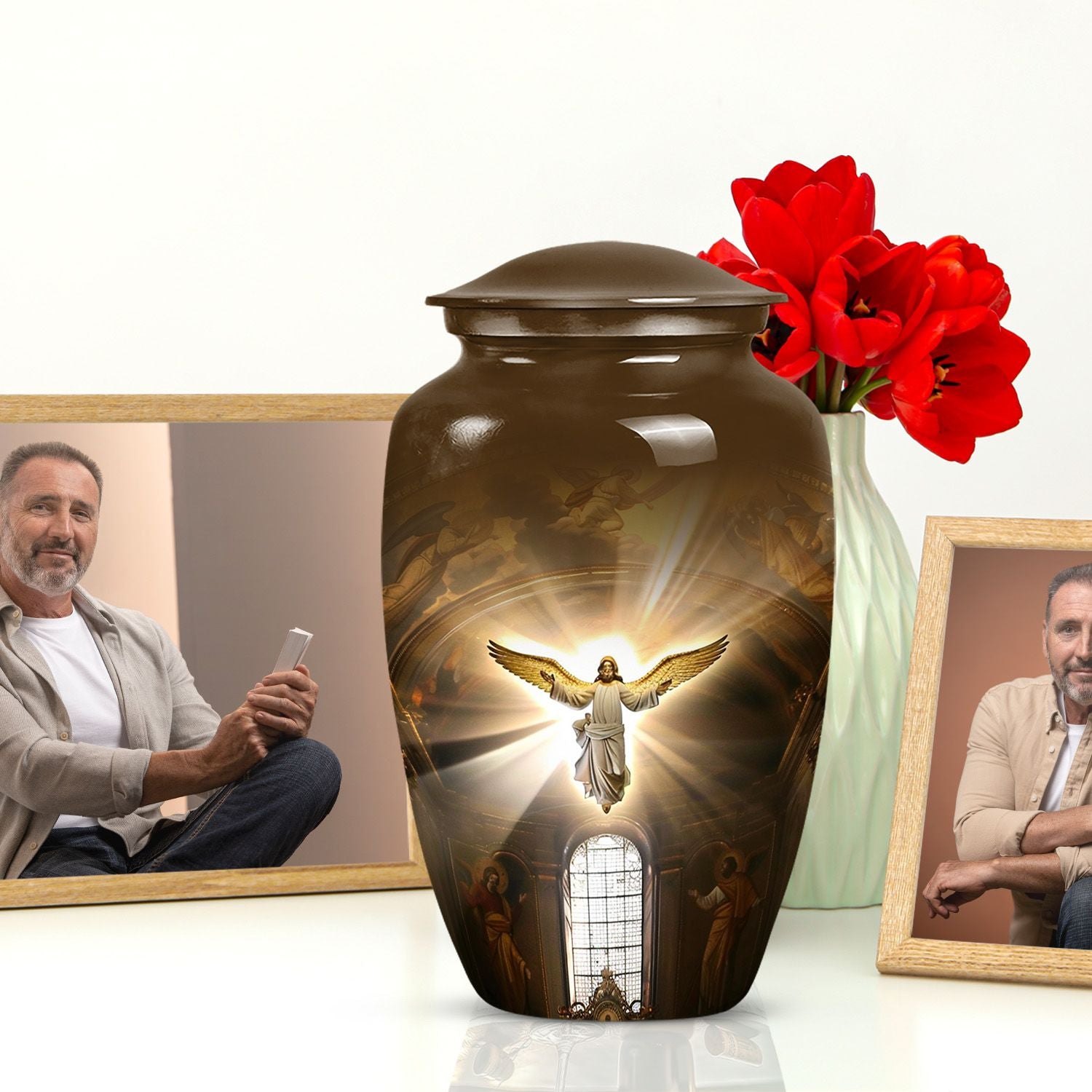 Classic catholic urn for adult human ashes, memorial urn