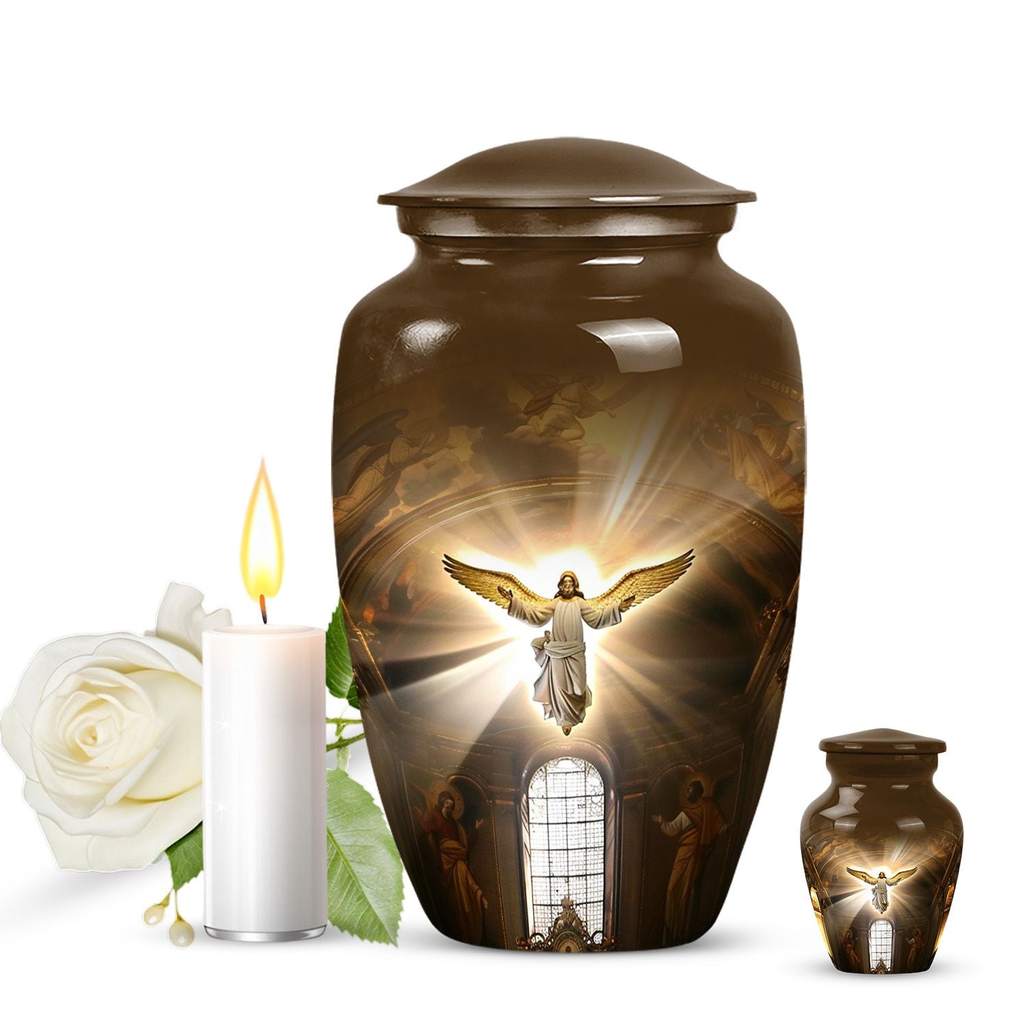 Classic catholic urn for adult human ashes, memorial urn