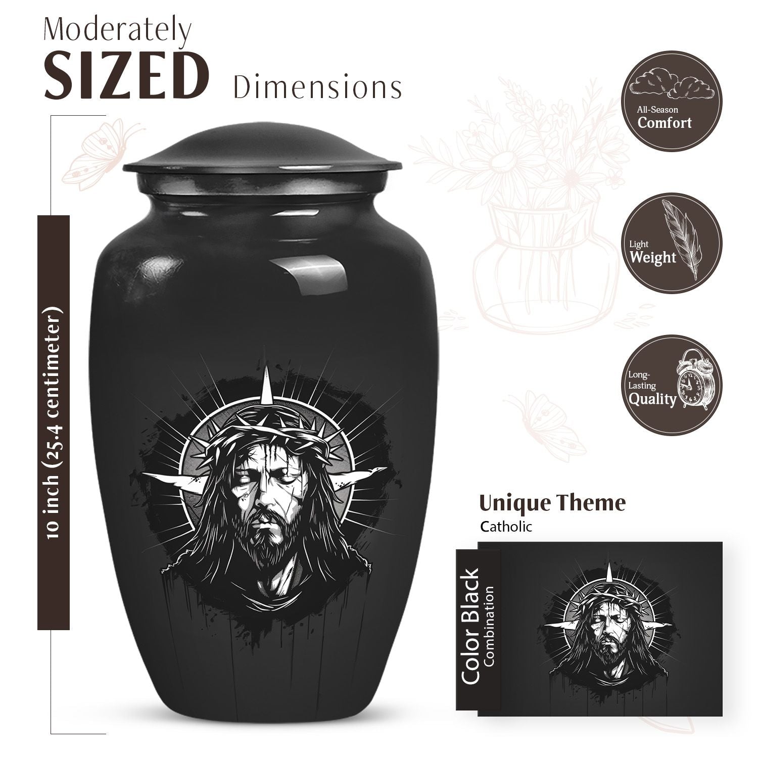 Classic 10-inch Catholic urn for funeral cremation ashes