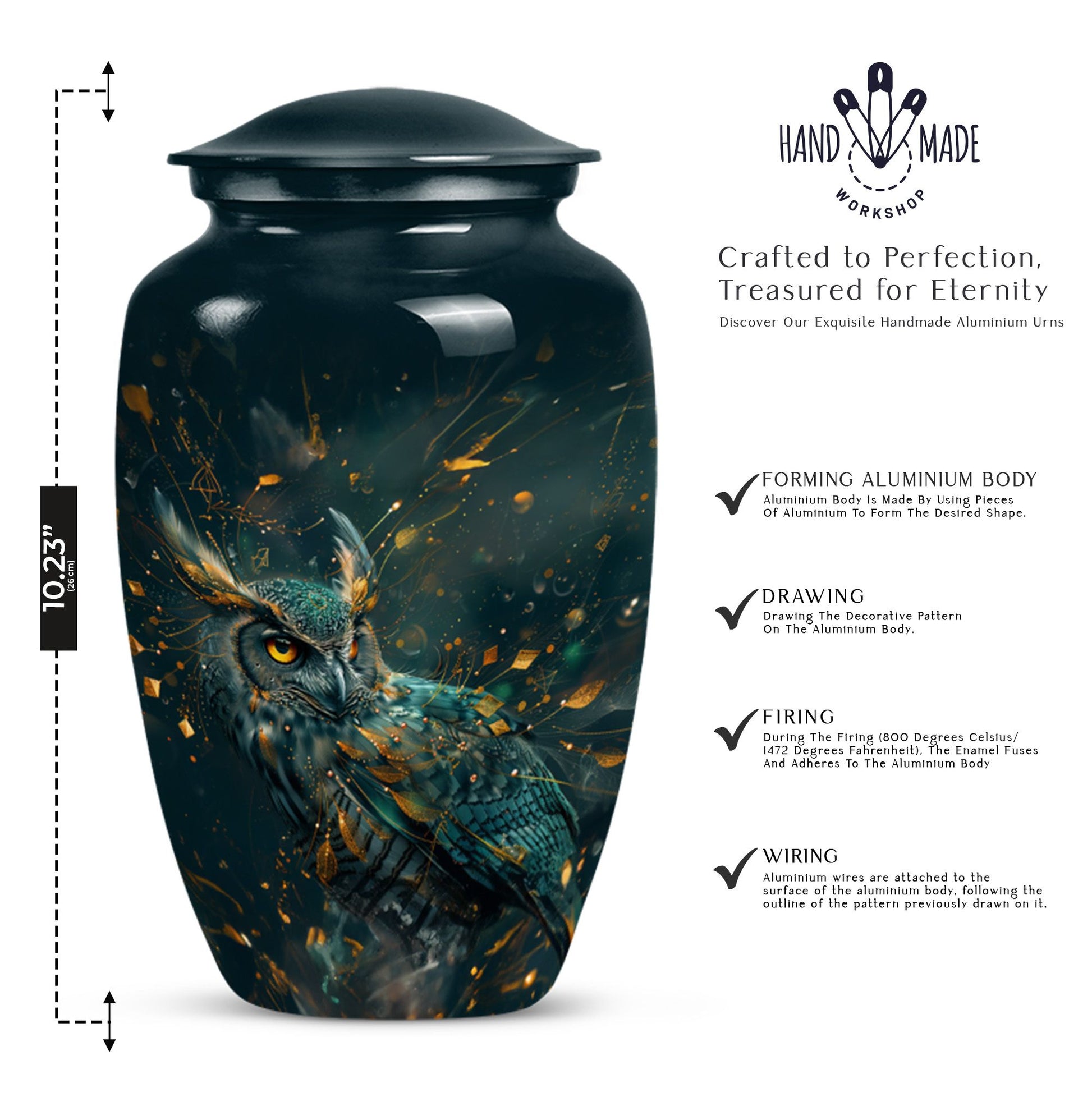 10-inch classic owl urn in abstract design.