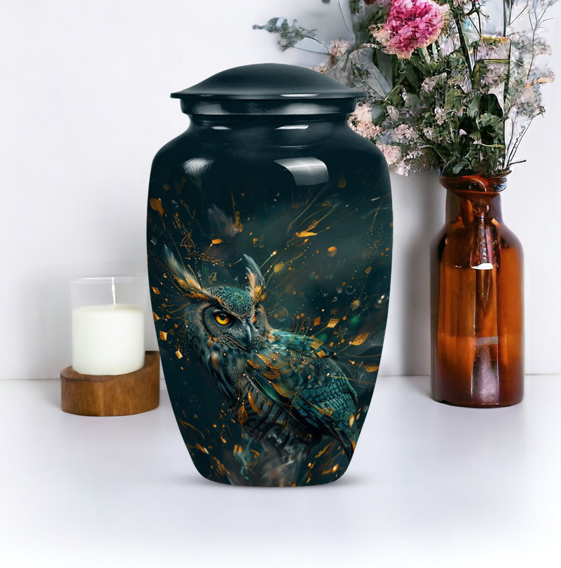 10-inch classic owl urn in abstract design.